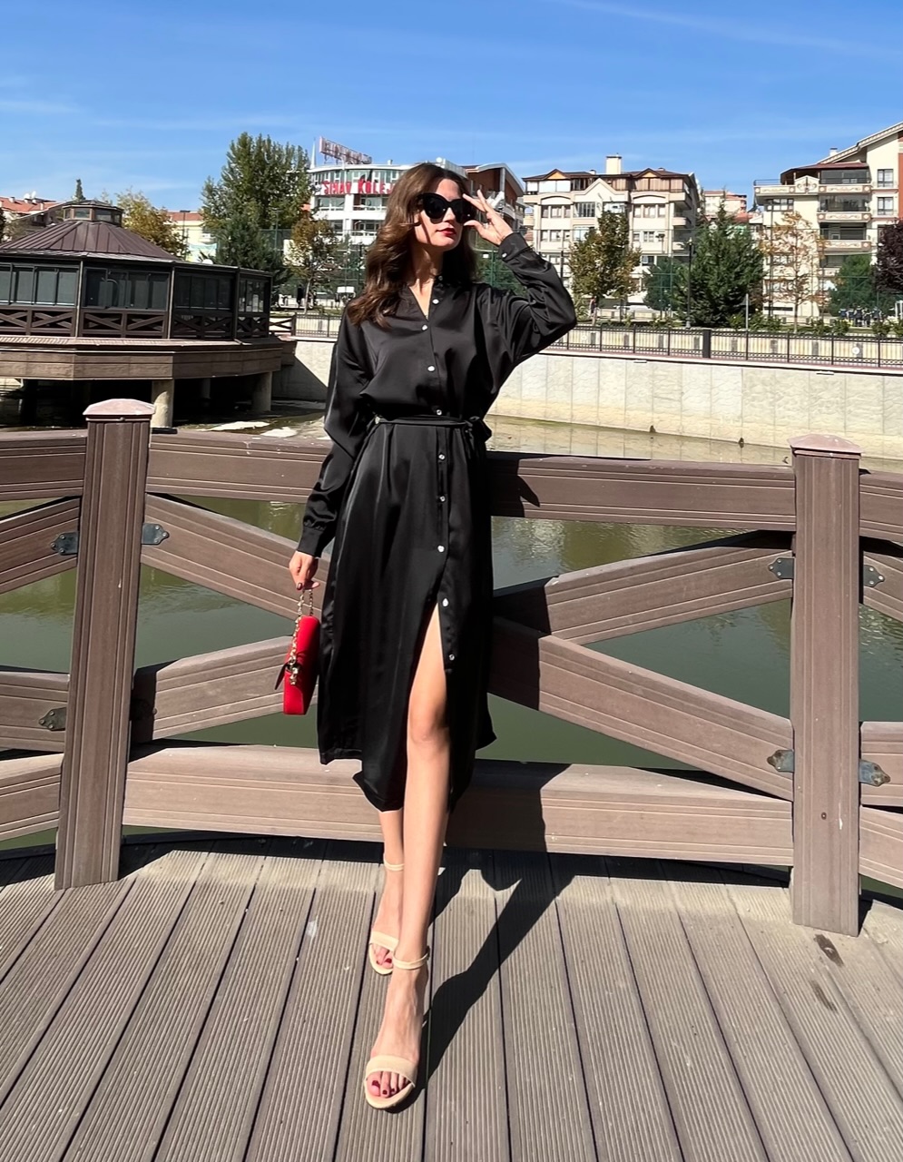 Siyah Mat Saten Gömlek Elbise