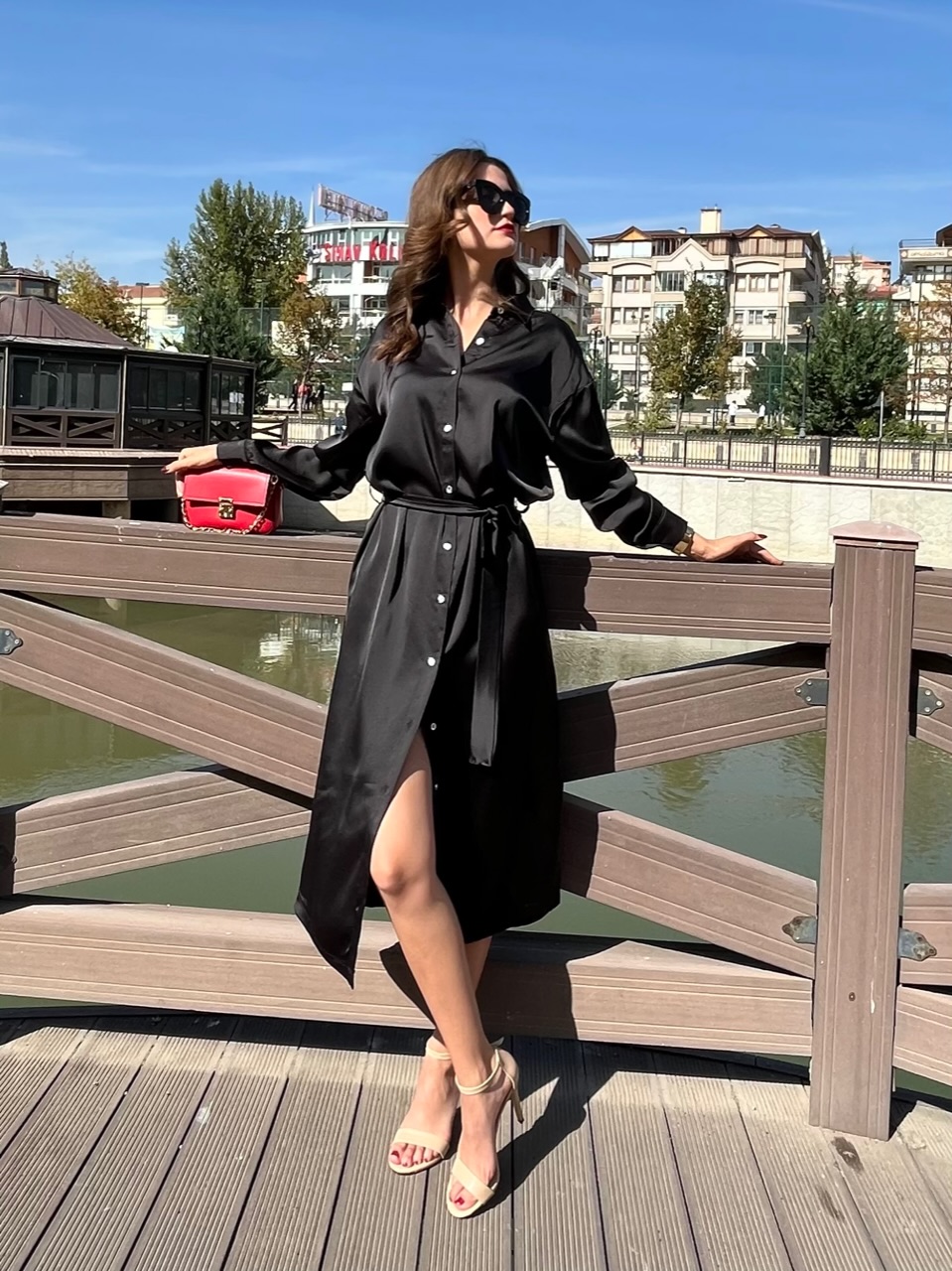 Siyah Mat Saten Gömlek Elbise