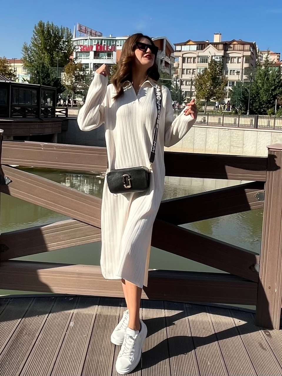 Polo Yaka Ekru Triko Elbise