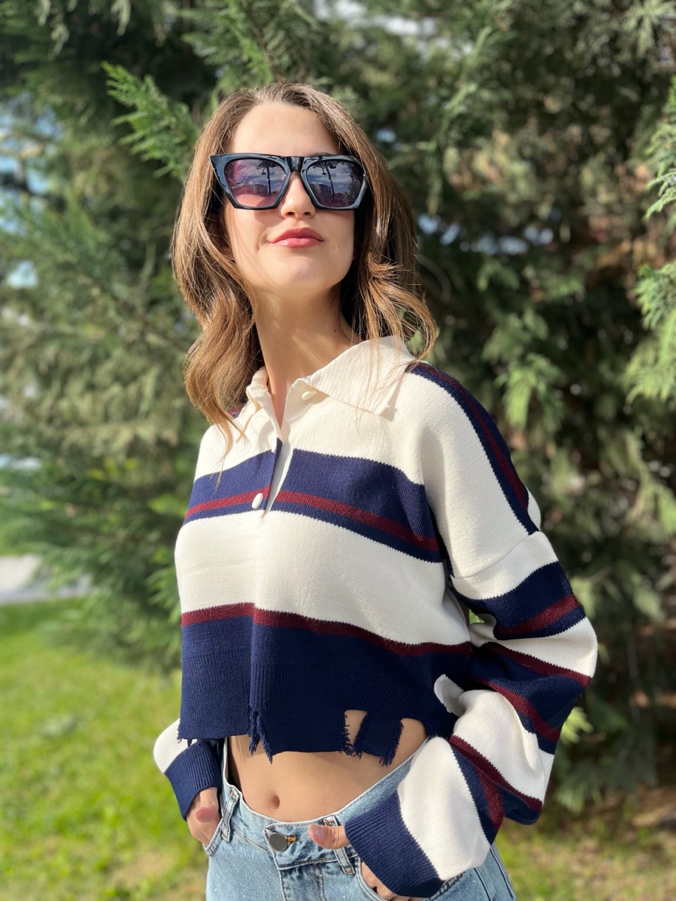 Yırtık Polo Yaka Çizgili Lacivert Kazak