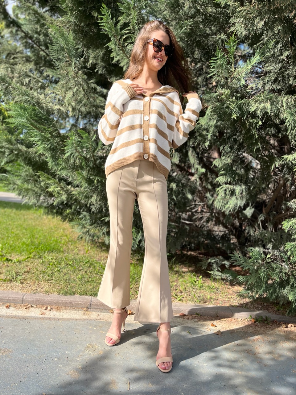 Krep Camel Renk Toparlayıcı İspanyol Paça Pantolon