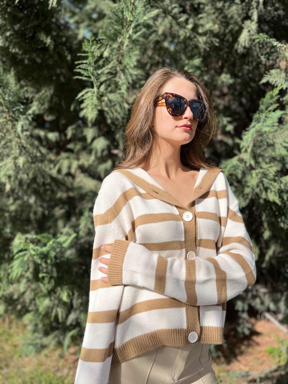 Denizci Yaka Krem - Camel Hırka