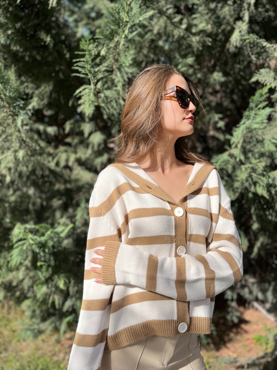 Denizci Yaka Krem - Camel Hırka