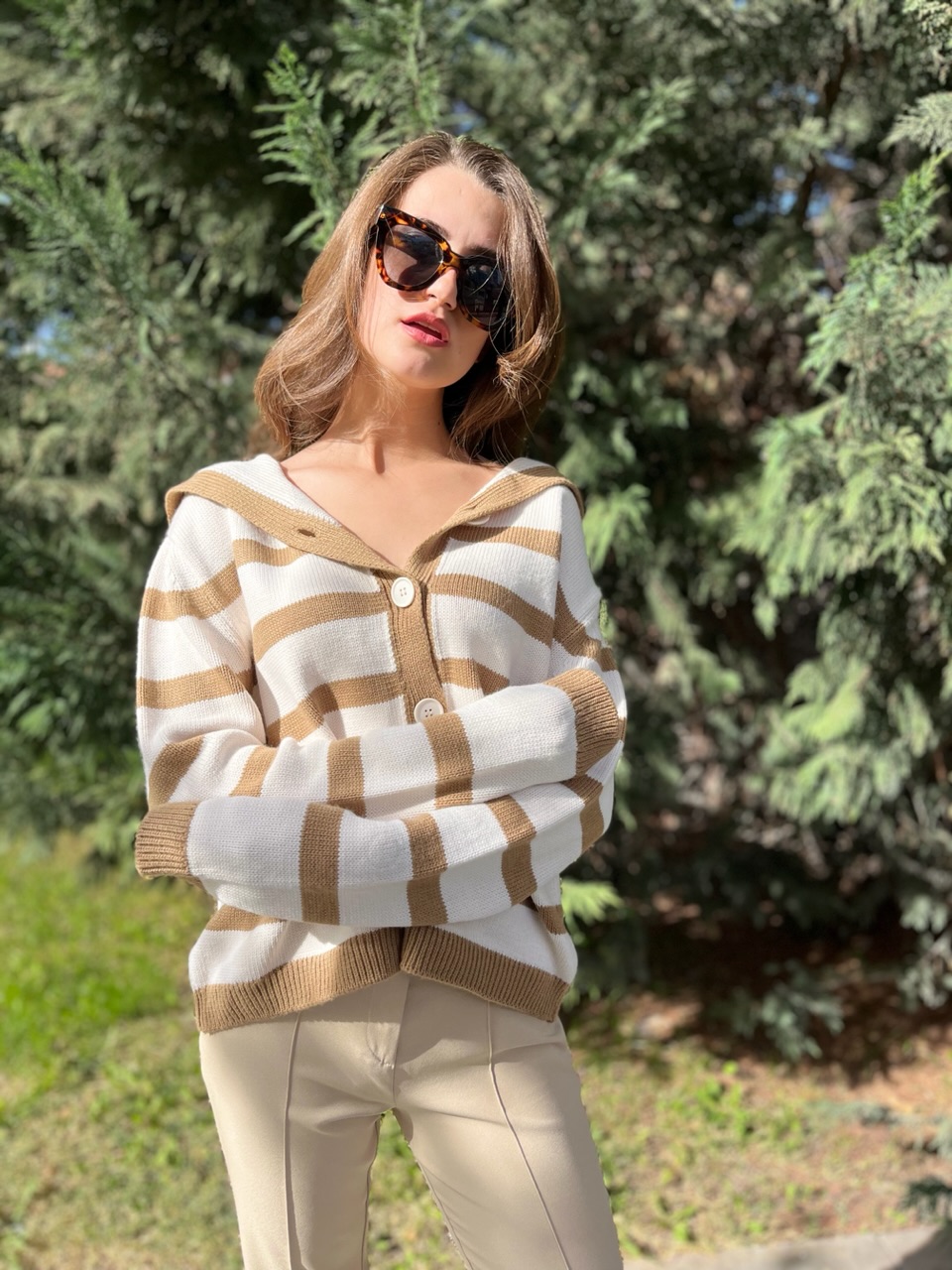 Denizci Yaka Krem - Camel Hırka
