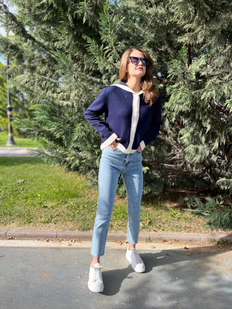 Denizci Yaka Lacivert - Ekru Çizgili Hırka