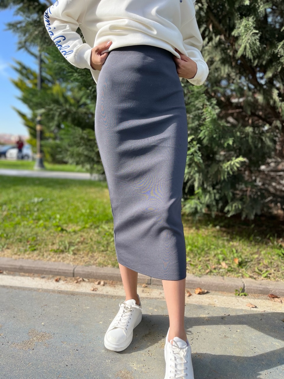 Beli Lastikli Midi Boy Kalem Füme Etek