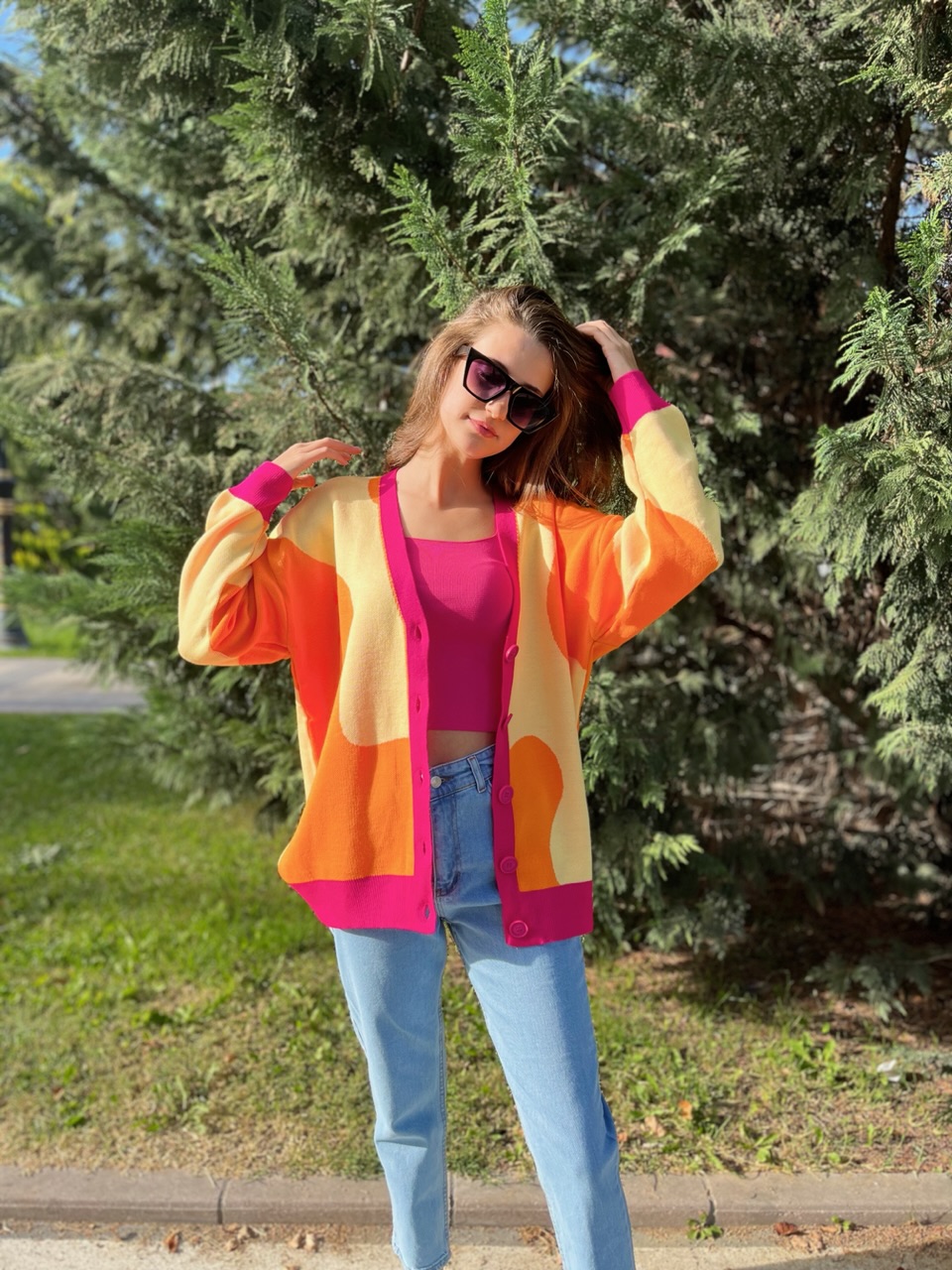 Dalga Desenli Turuncu - Sarı - Pembe Renkli Hırka