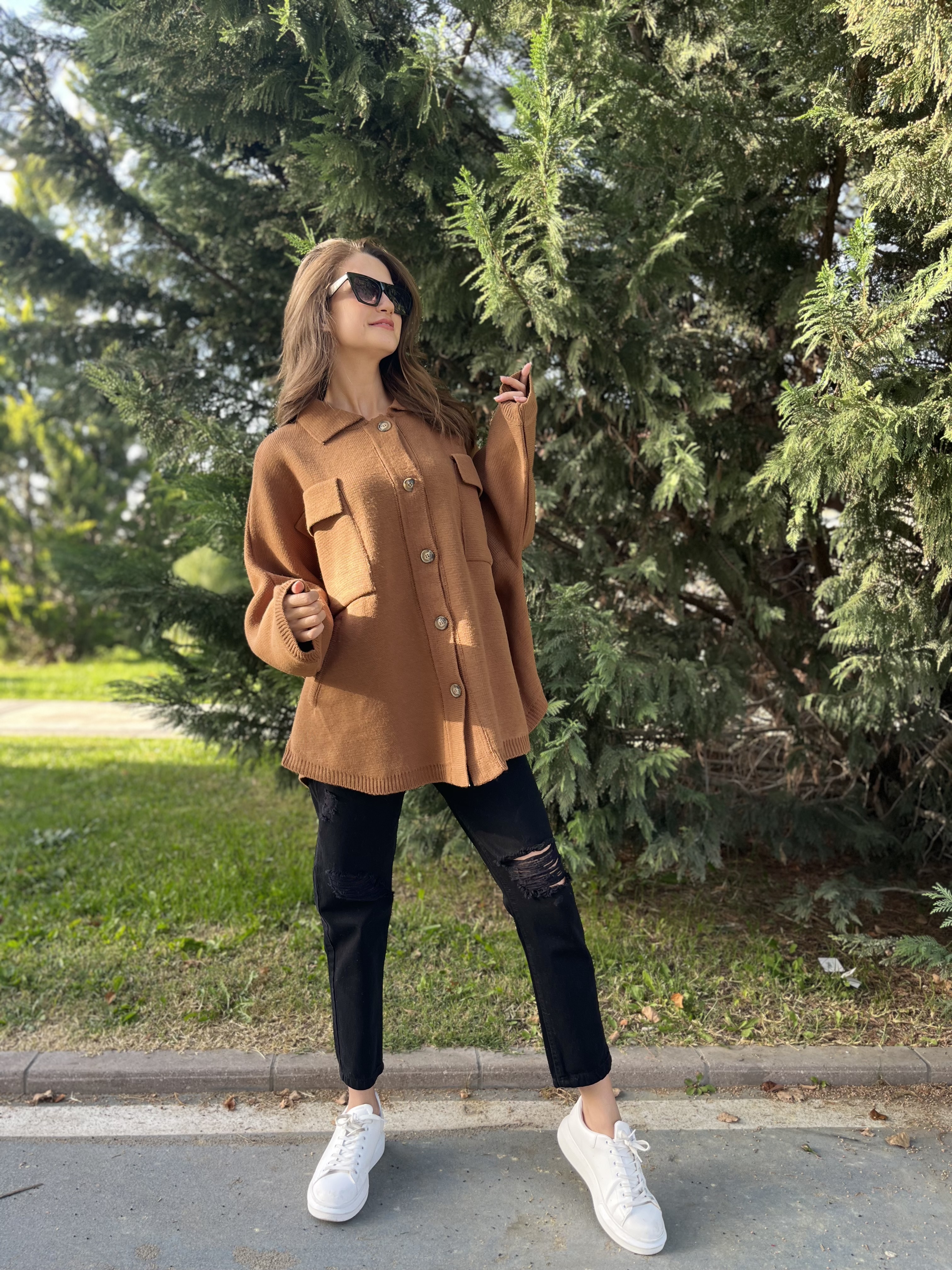 Kahverengi Çelik Örgü Yarasa Kol Hırka