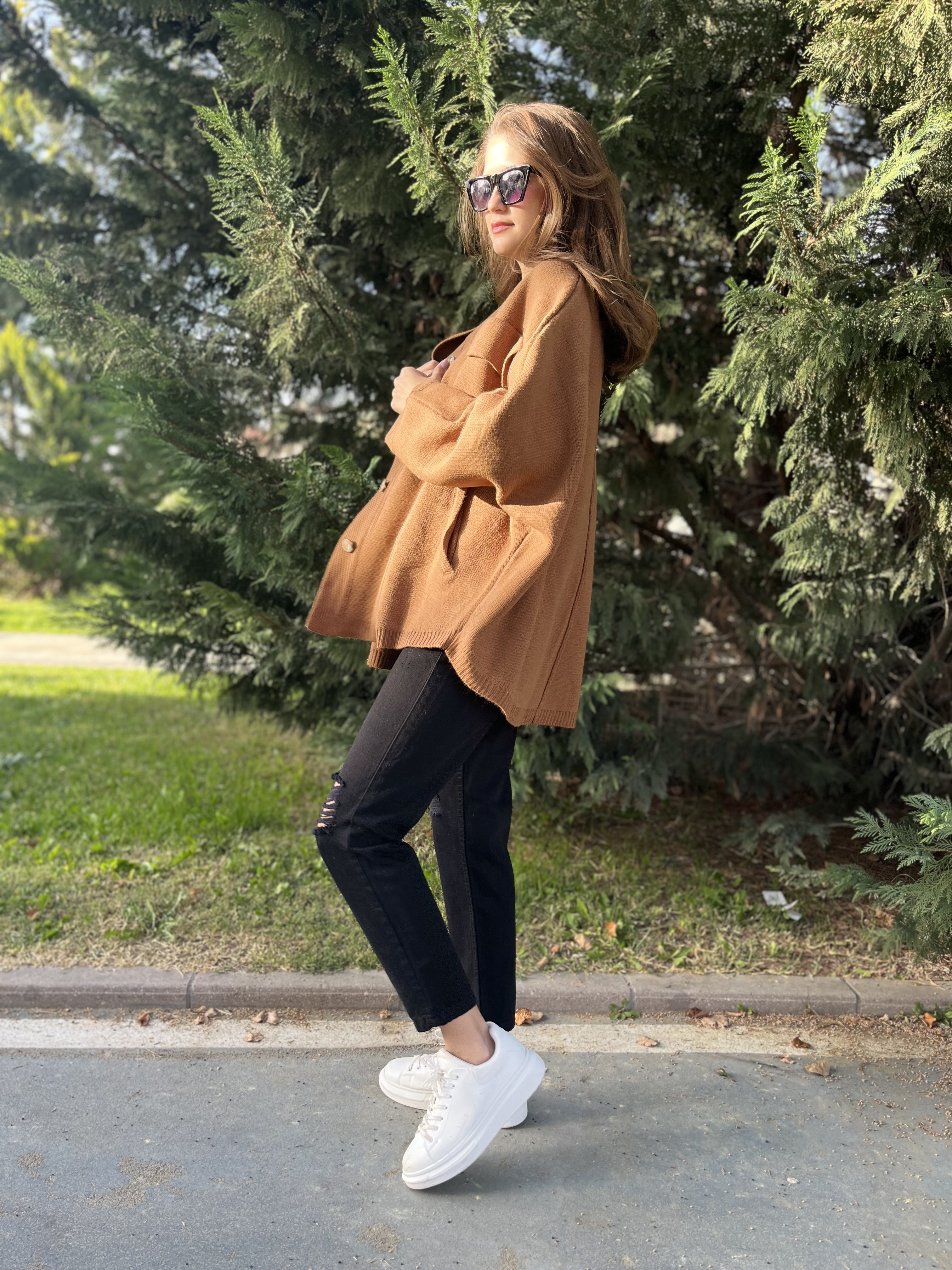 Kahverengi Çelik Örgü Yarasa Kol Hırka