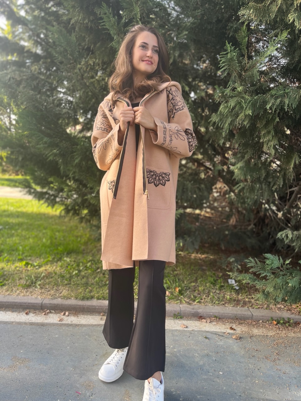 Camel Kapüşonlu Etnik Desen Kaşe
