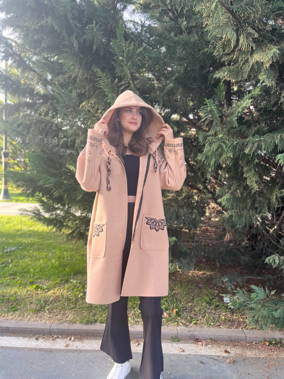 Camel Kapüşonlu Etnik Desen Kaşe