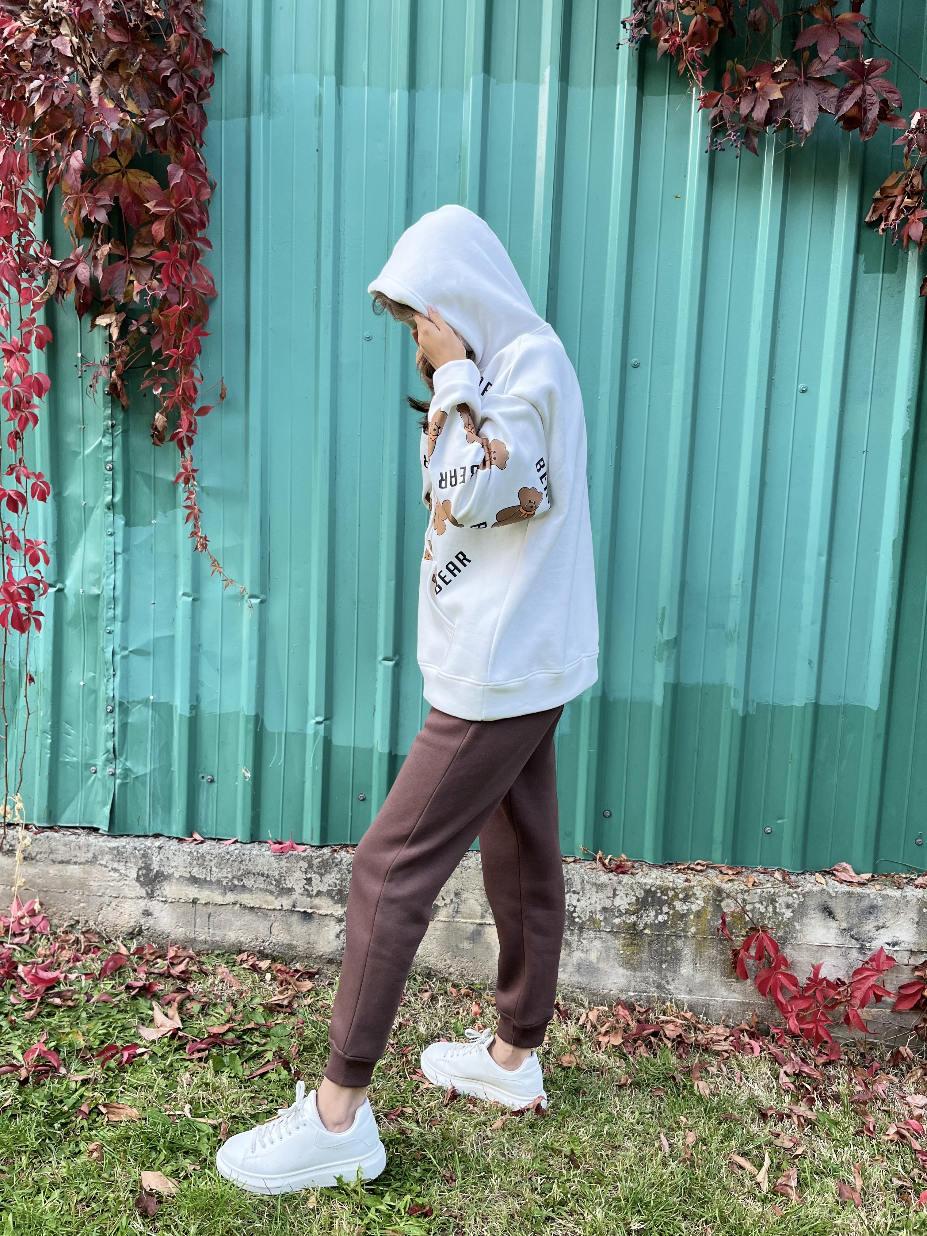 Ayıcık Baskılı Kapüşonlu Sweatshirt