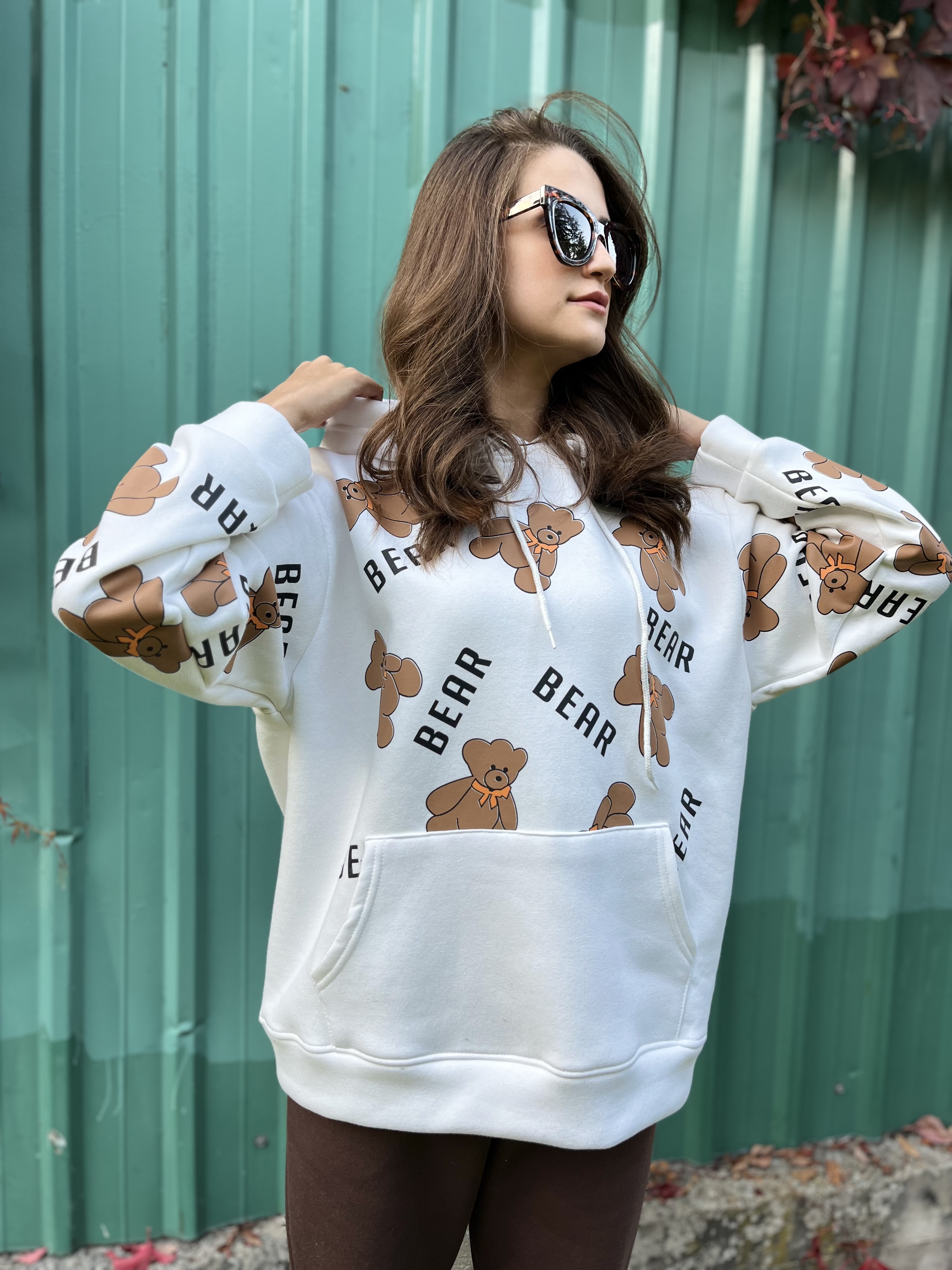 Ayıcık Baskılı Kapüşonlu Sweatshirt