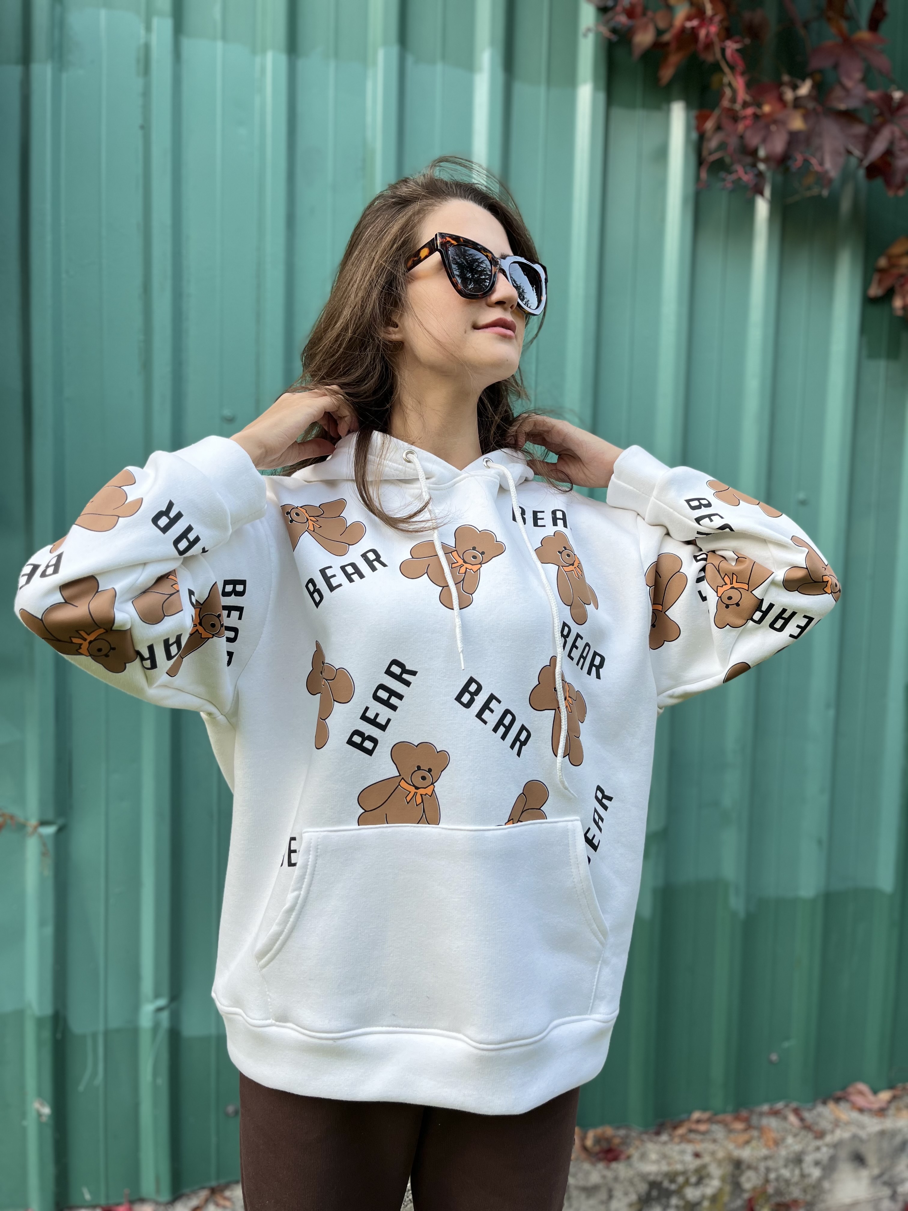 Ayıcık Baskılı Kapüşonlu Sweatshirt