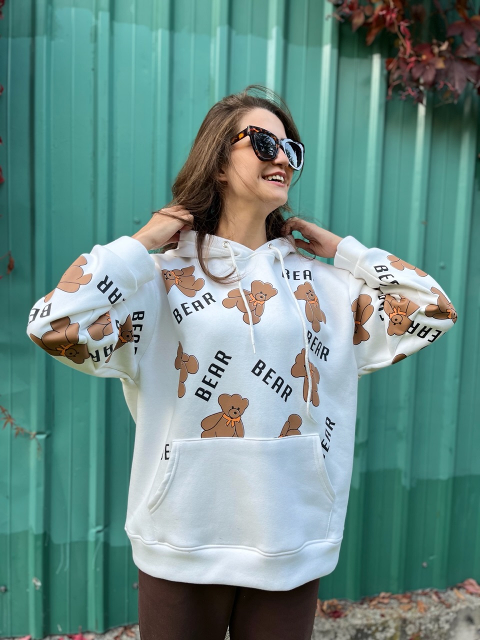Ayıcık Baskılı Kapüşonlu Sweatshirt
