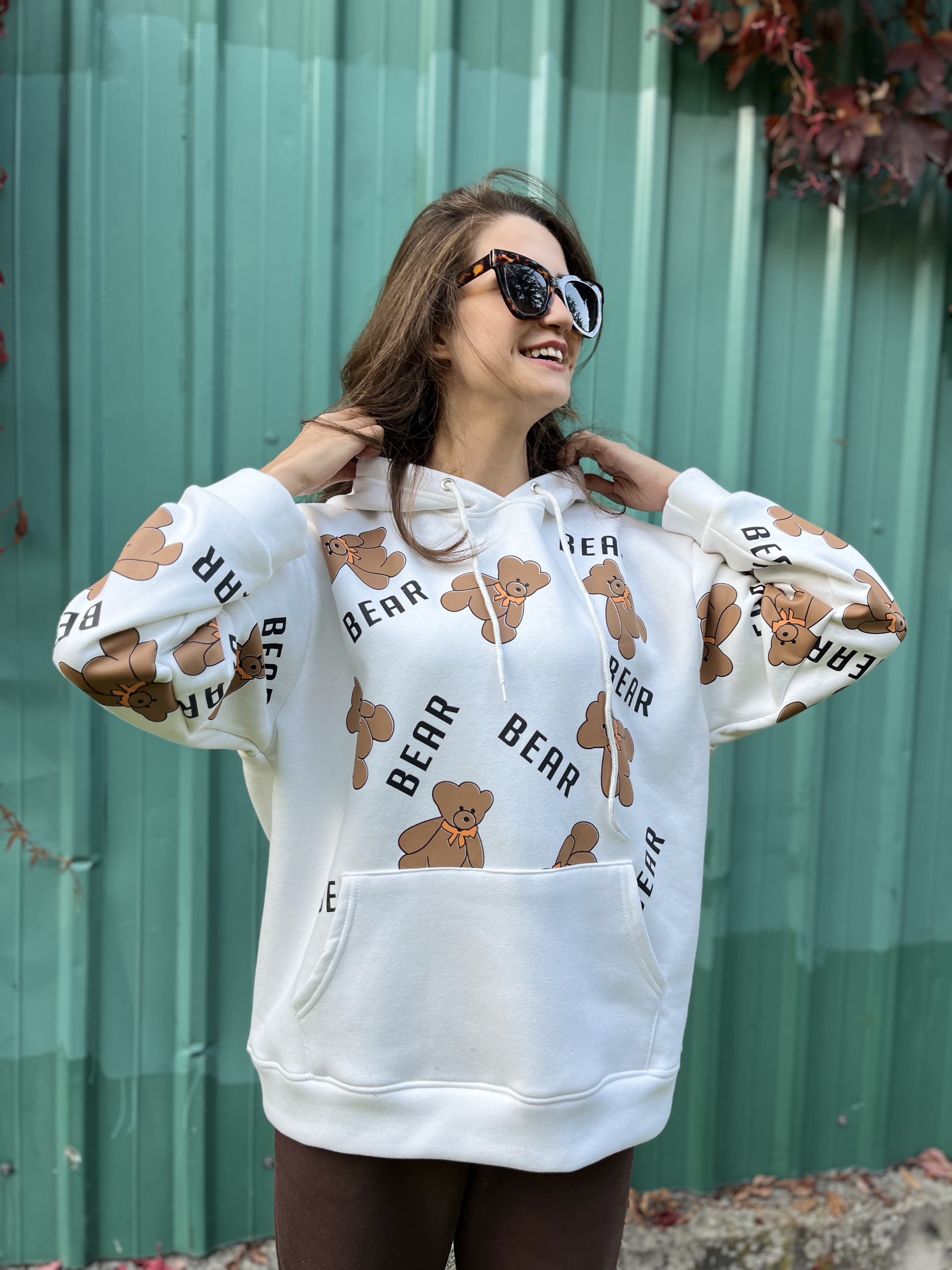 Ayıcık Baskılı Kapüşonlu Sweatshirt
