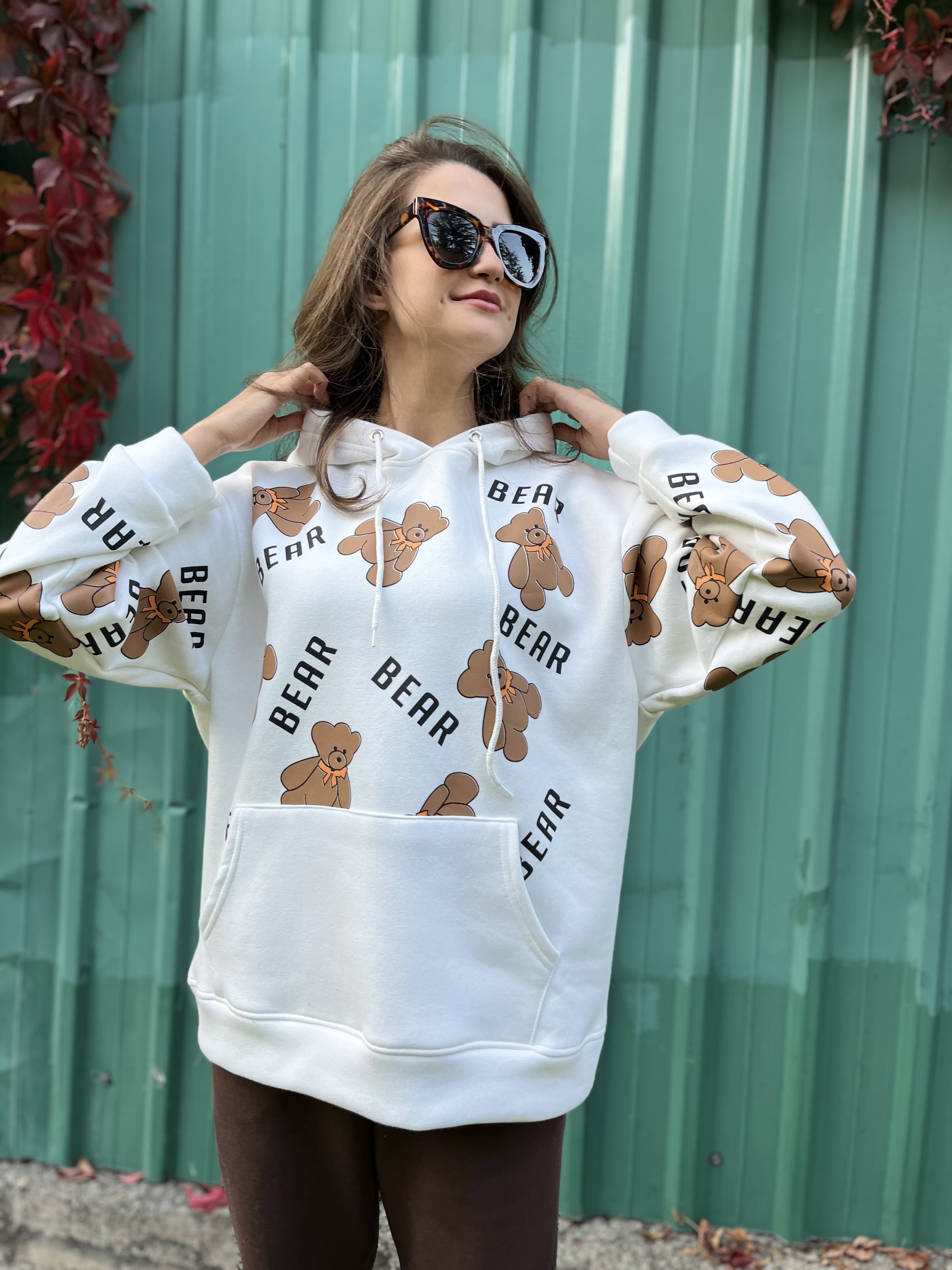 Ayıcık Baskılı Kapüşonlu Sweatshirt