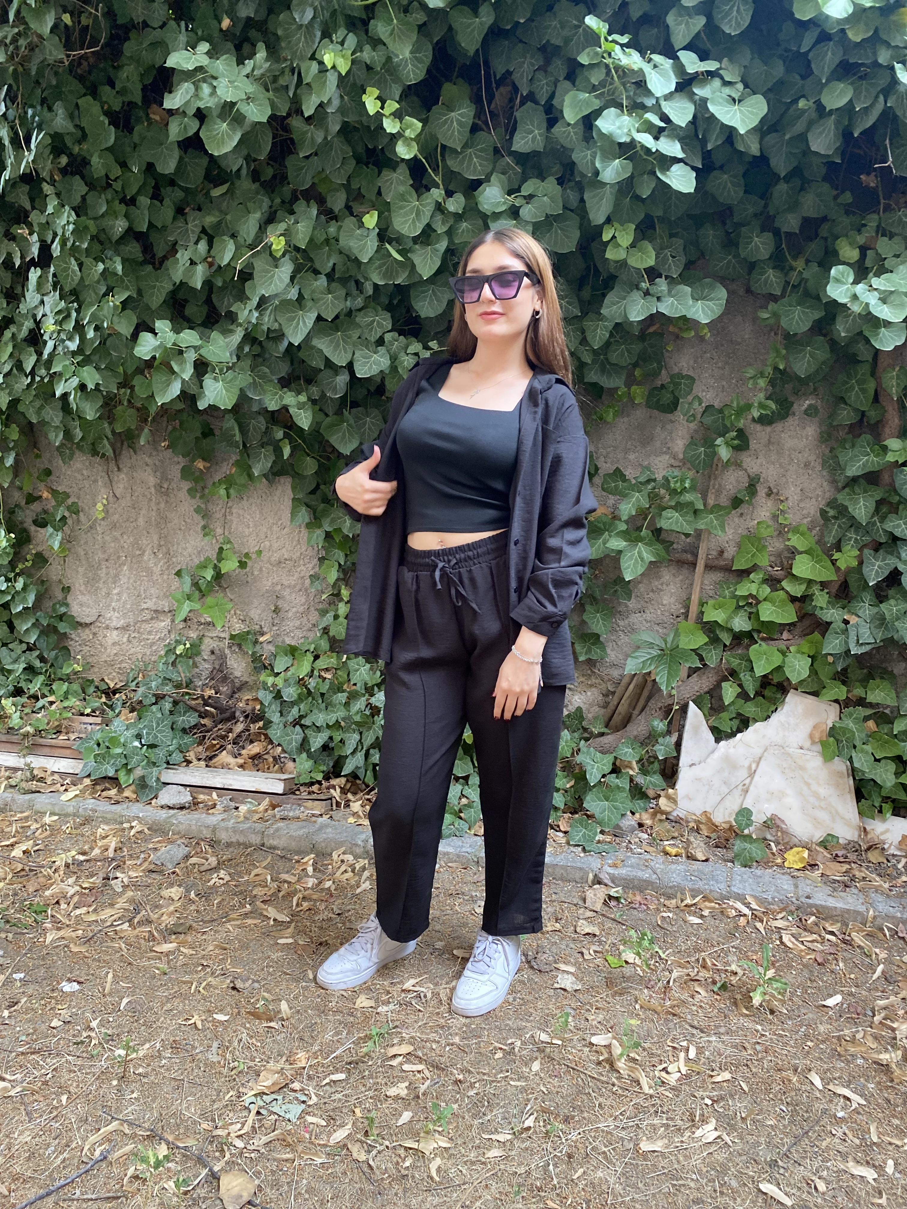 Oversize Gömlek Beli Lastikli Keten Pantolon Takım