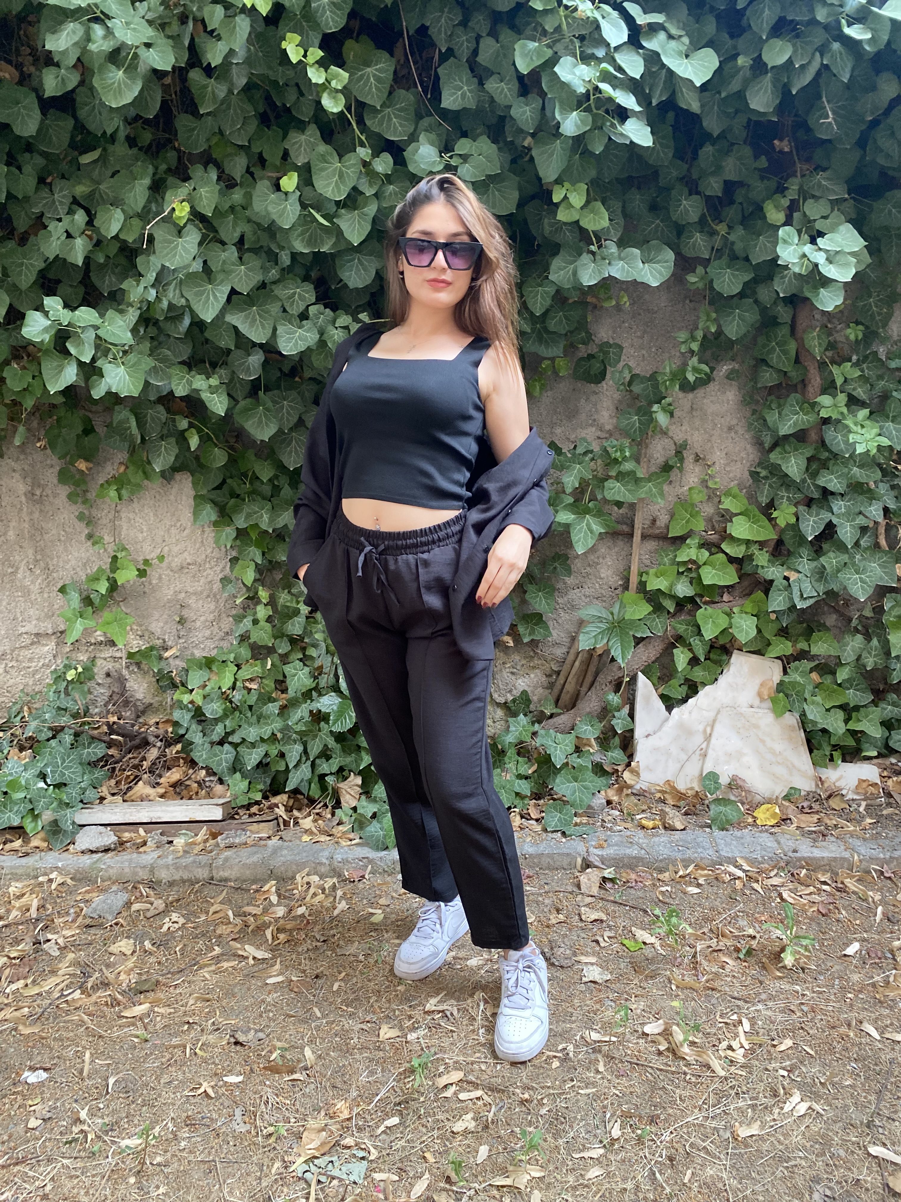 Oversize Gömlek Beli Lastikli Keten Pantolon Takım