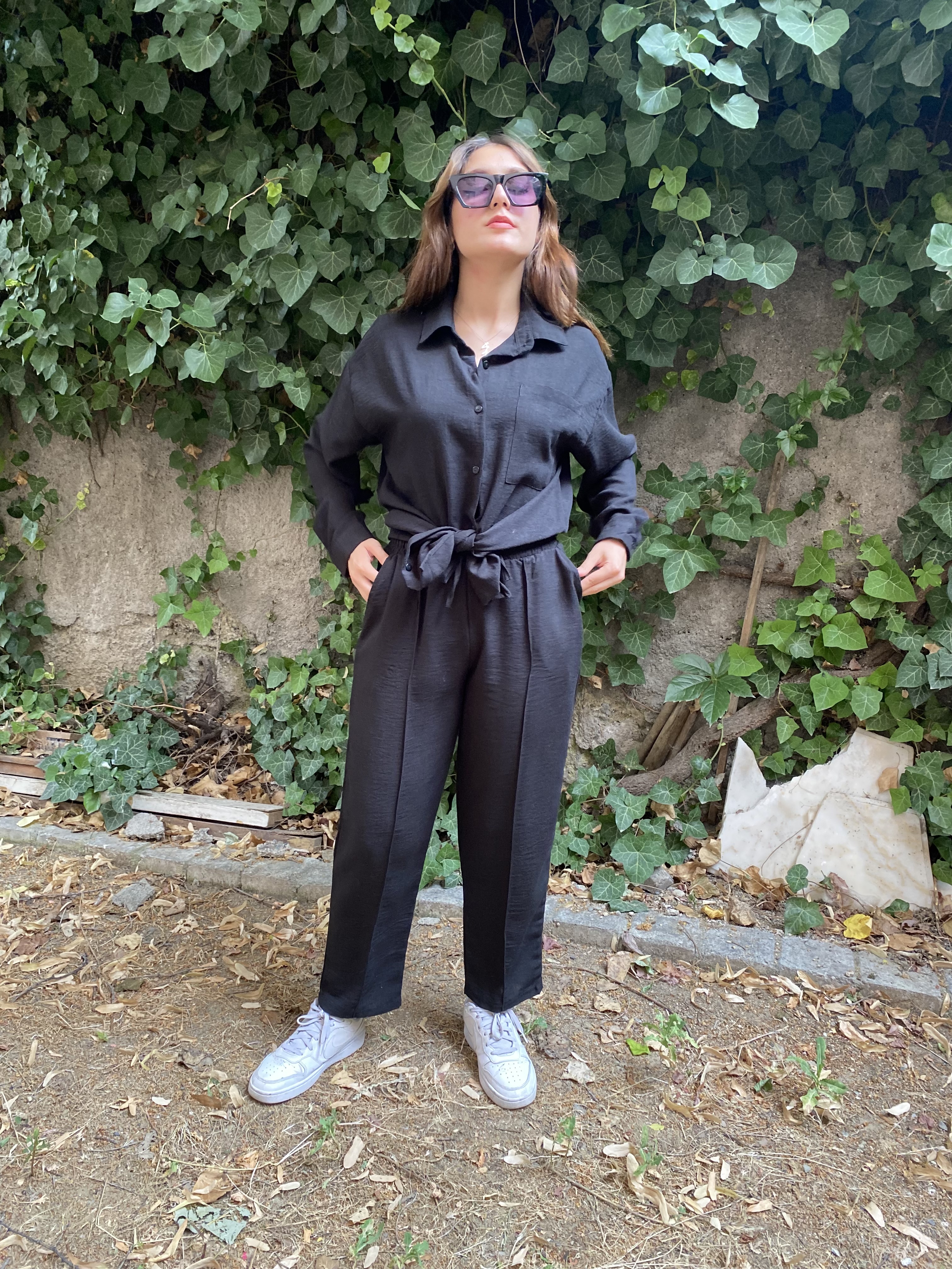 Oversize Gömlek Beli Lastikli Keten Pantolon Takım