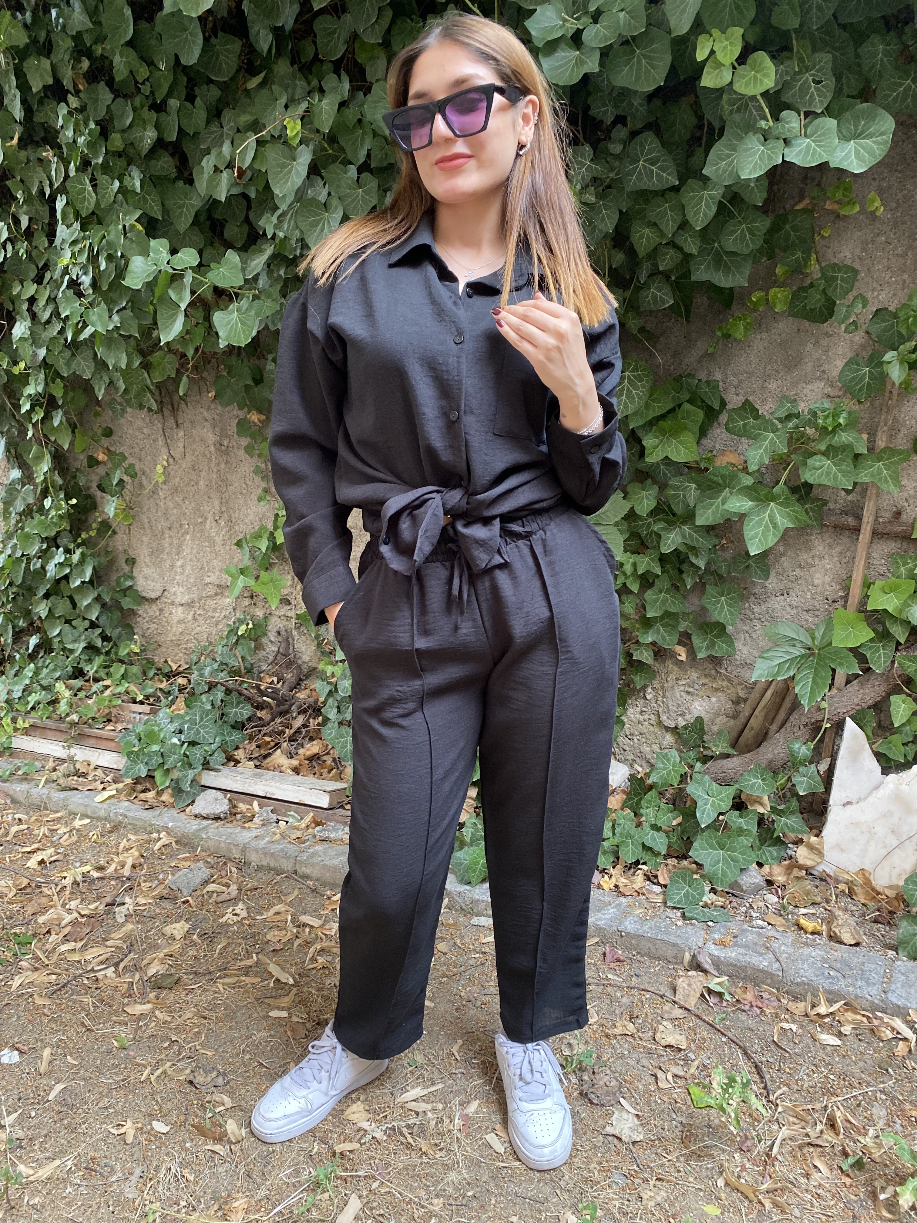 Oversize Gömlek Beli Lastikli Keten Pantolon Takım