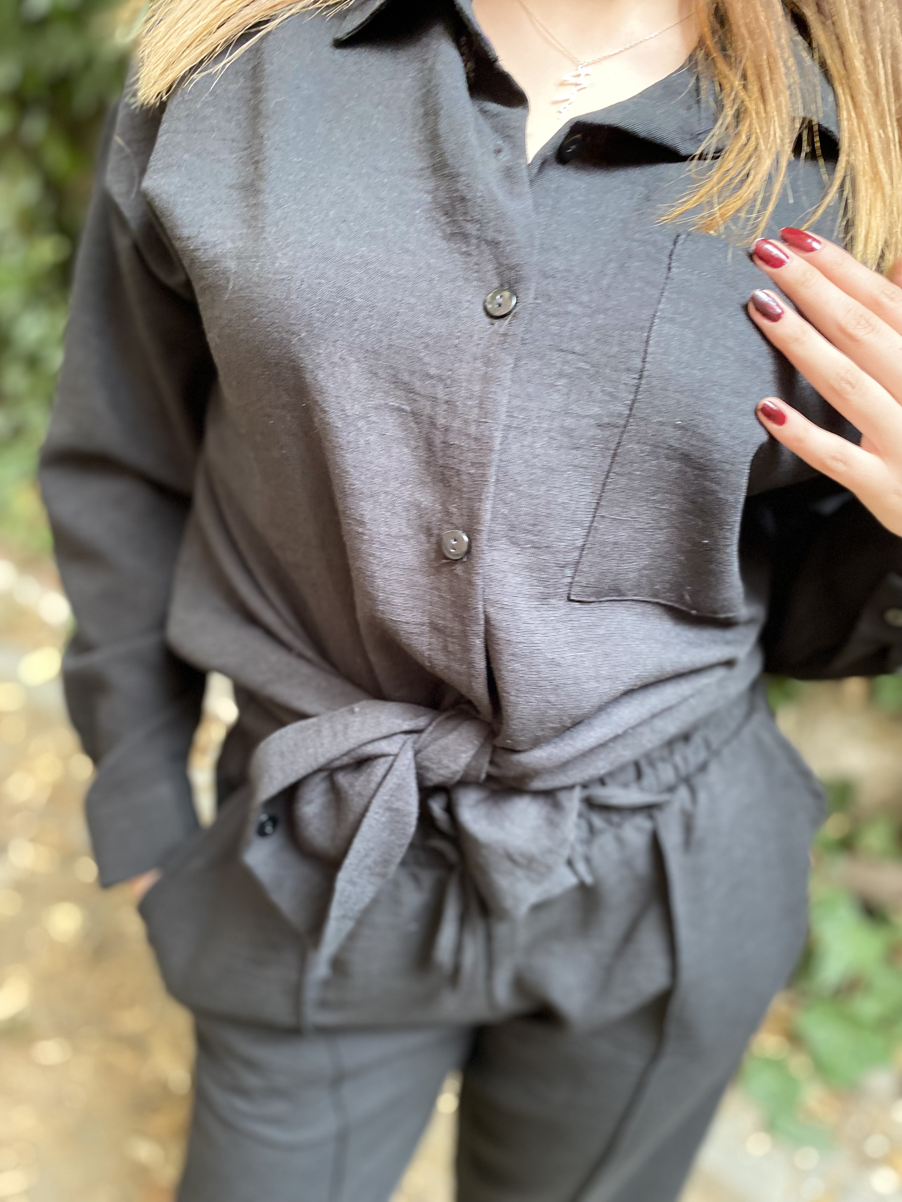 Oversize Gömlek Beli Lastikli Keten Pantolon Takım