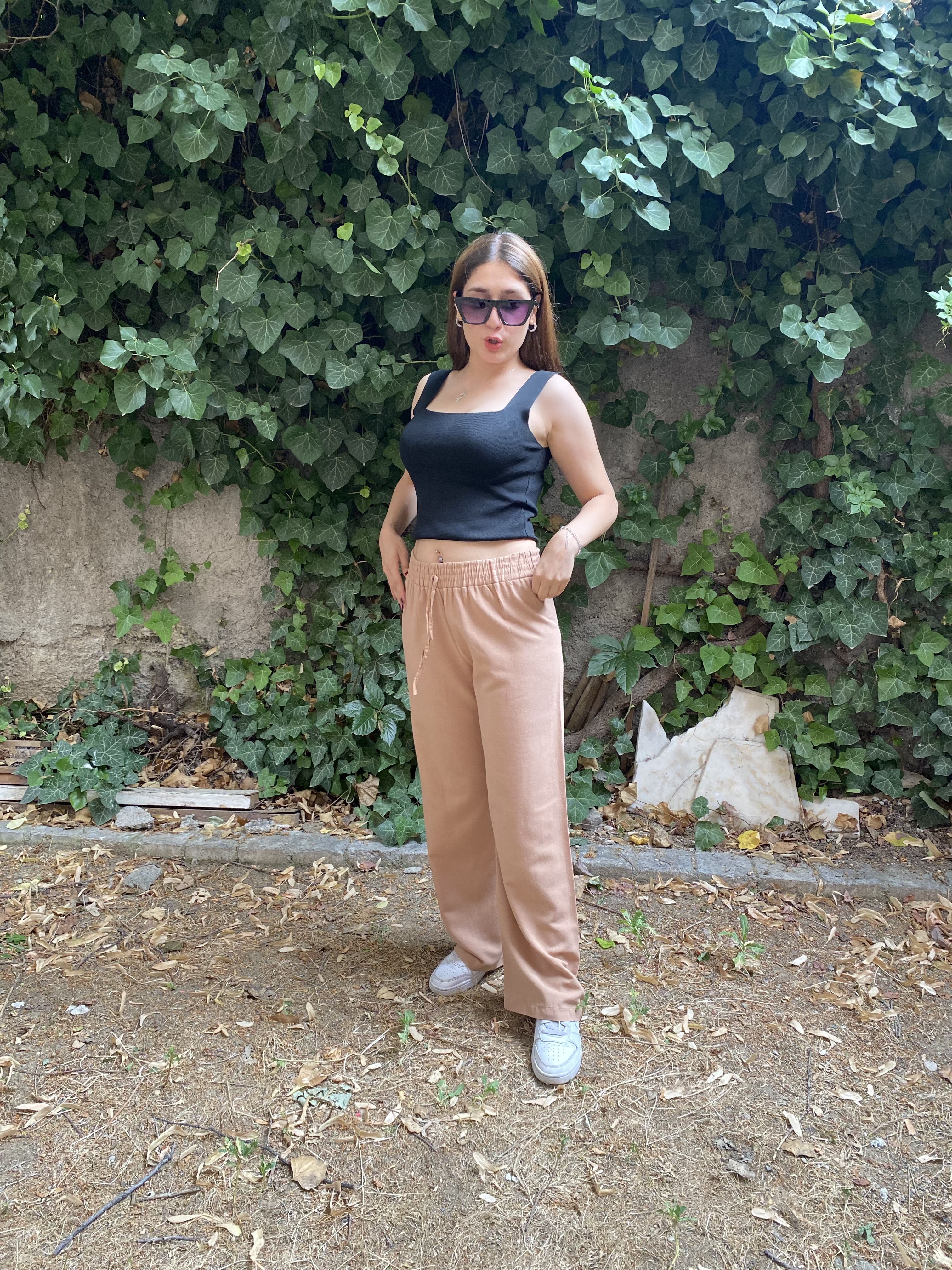 Beli Lastikli Cappuccino Keten Pantolon