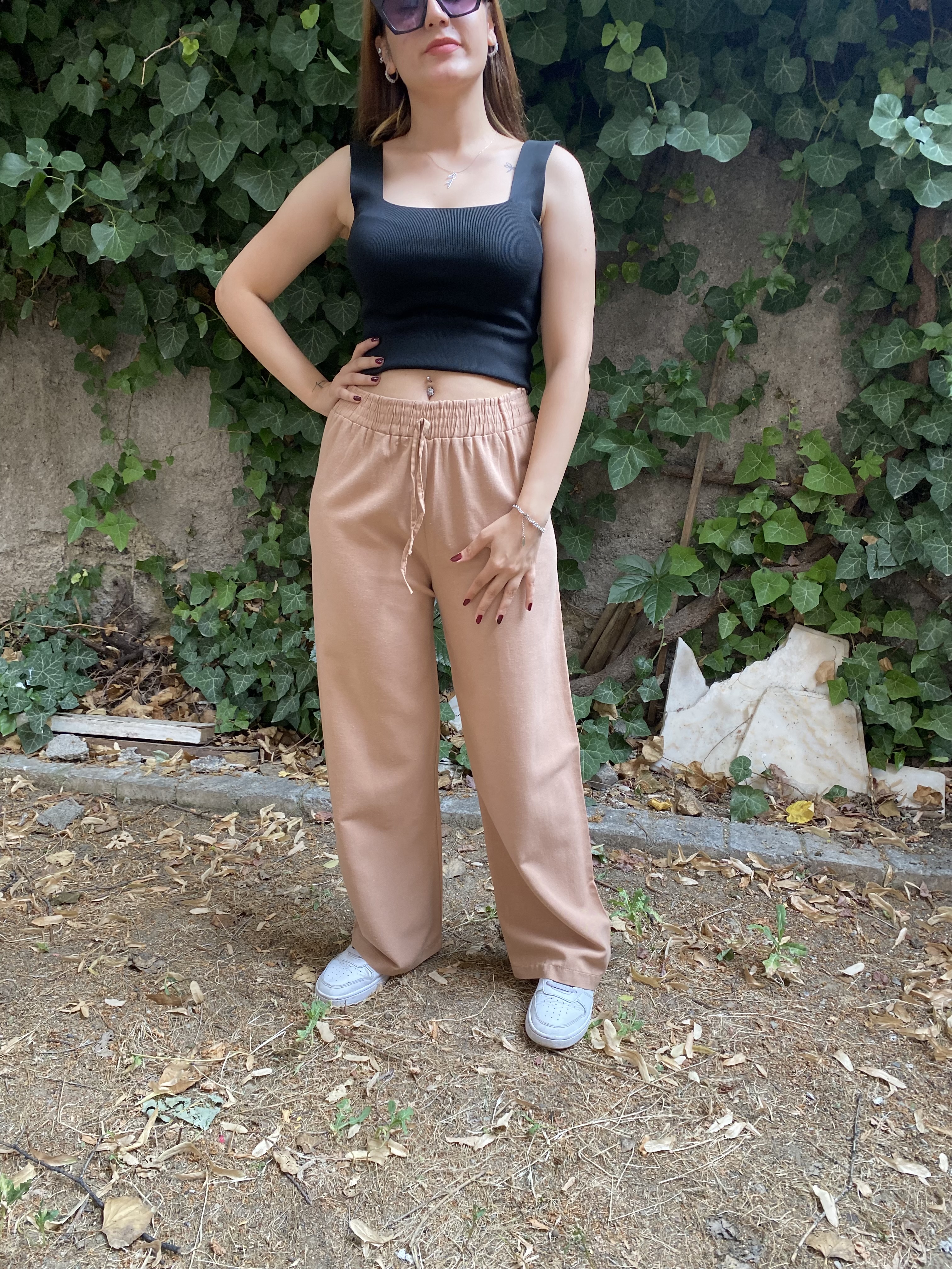Beli Lastikli Cappuccino Keten Pantolon