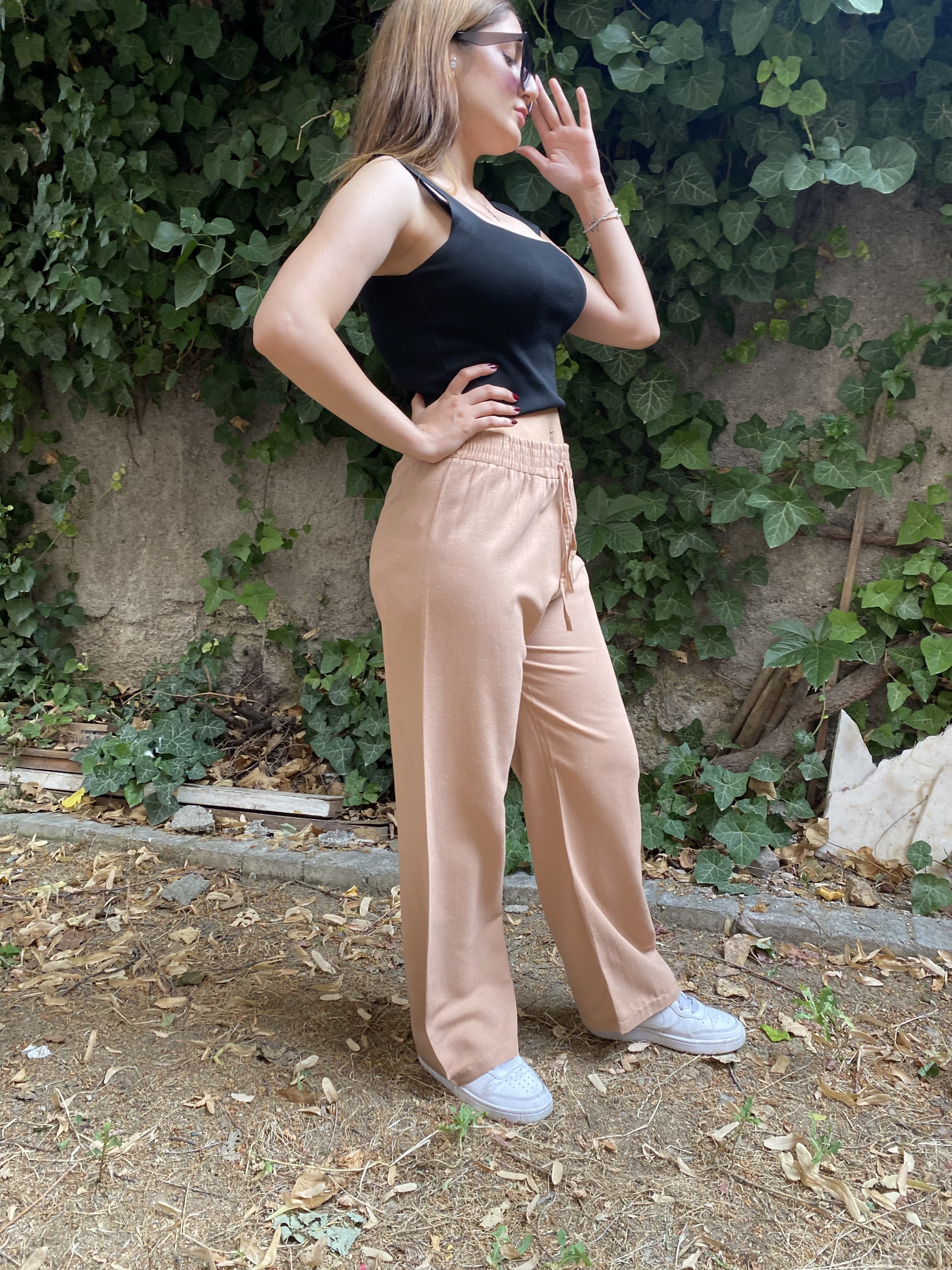 Beli Lastikli Cappuccino Keten Pantolon