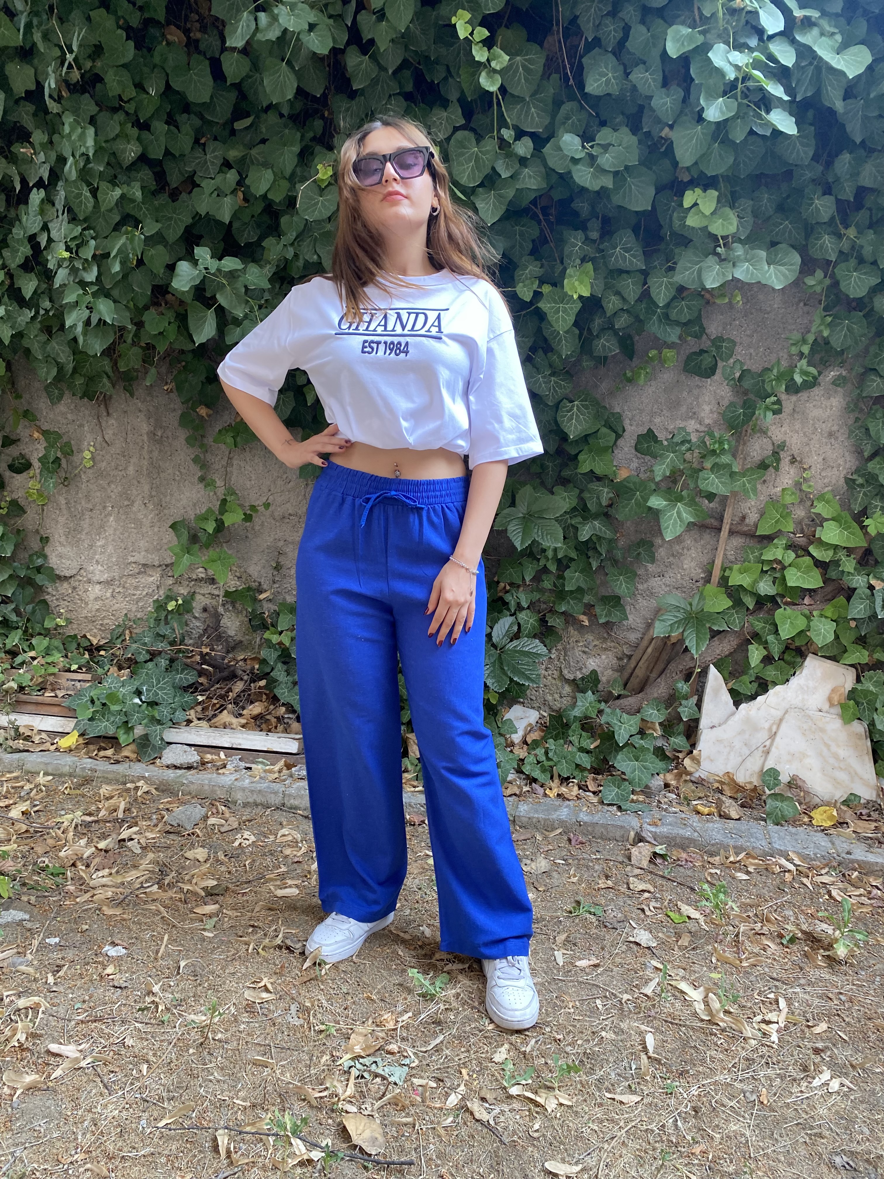 Beli Lastikli Saks Mavisi Keten Pantolon