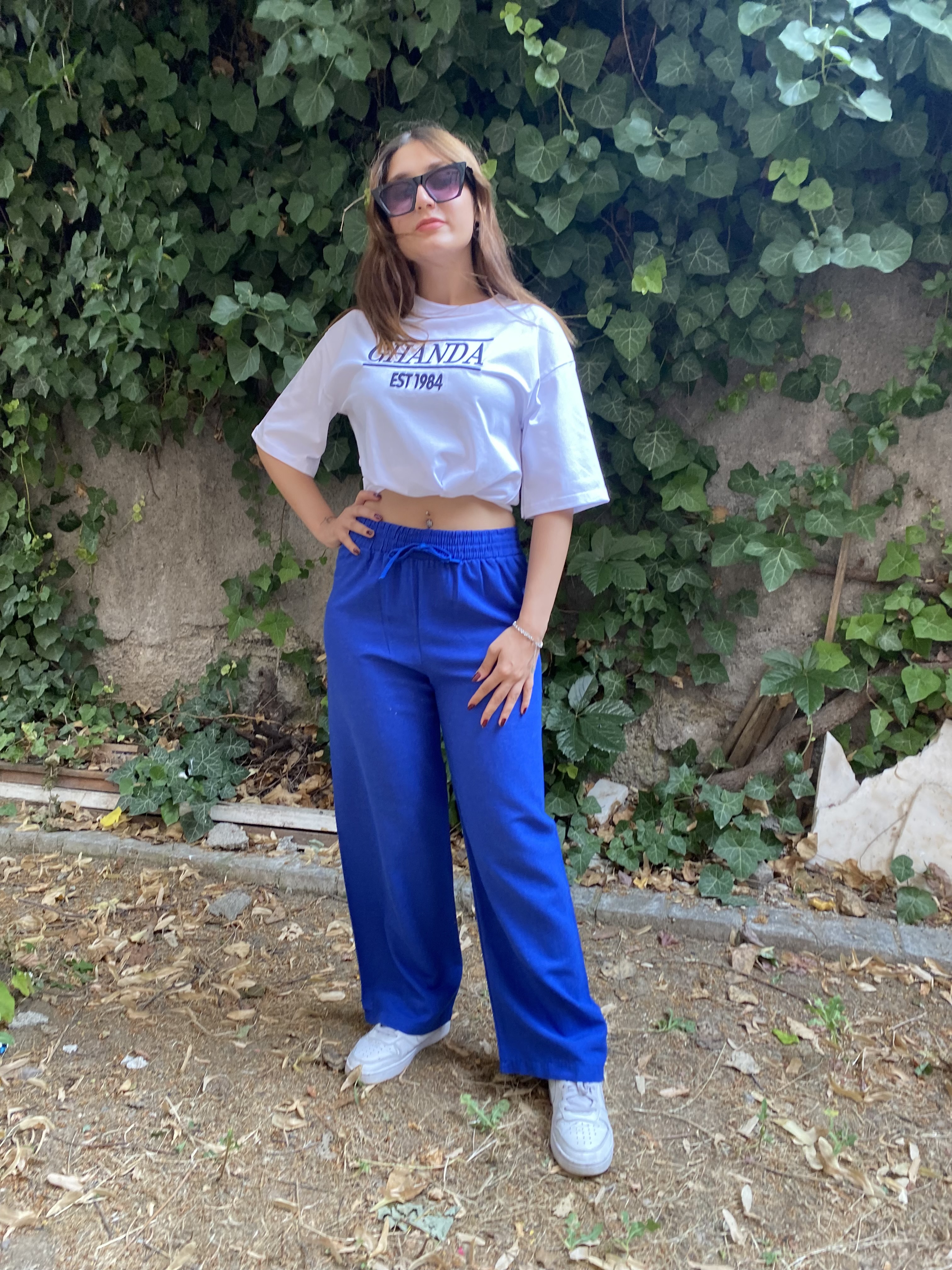 Beli Lastikli Saks Mavisi Keten Pantolon