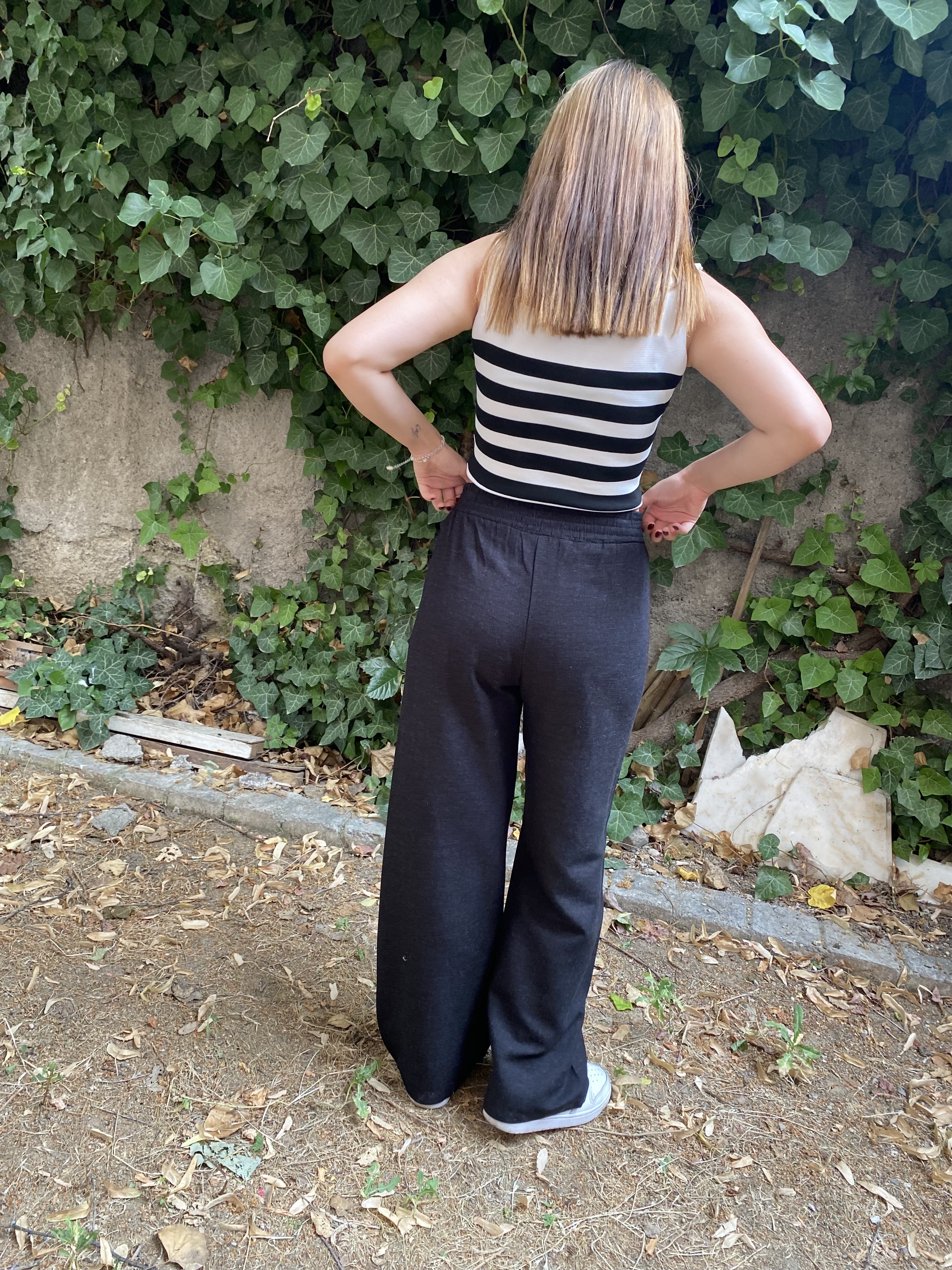 Beli Lastikli Siyah Keten Pantolon