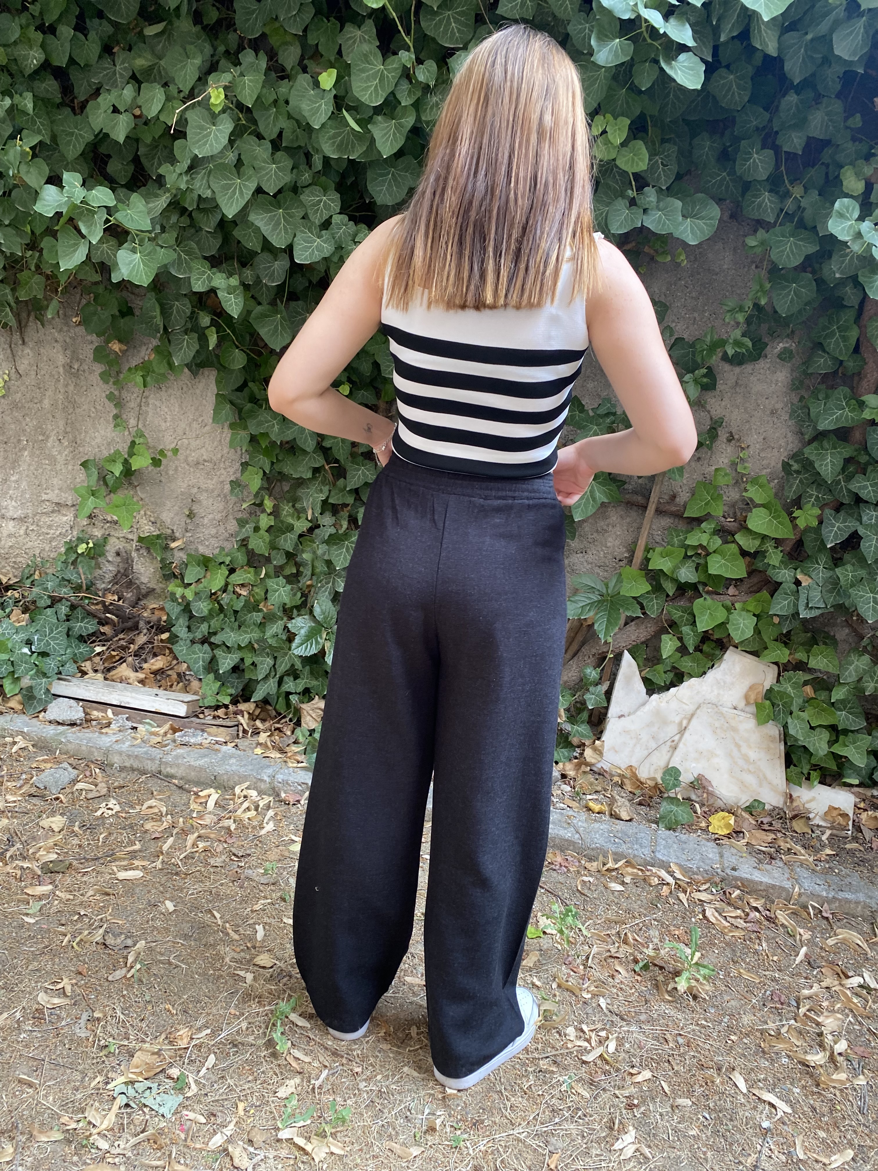 Beli Lastikli Siyah Keten Pantolon