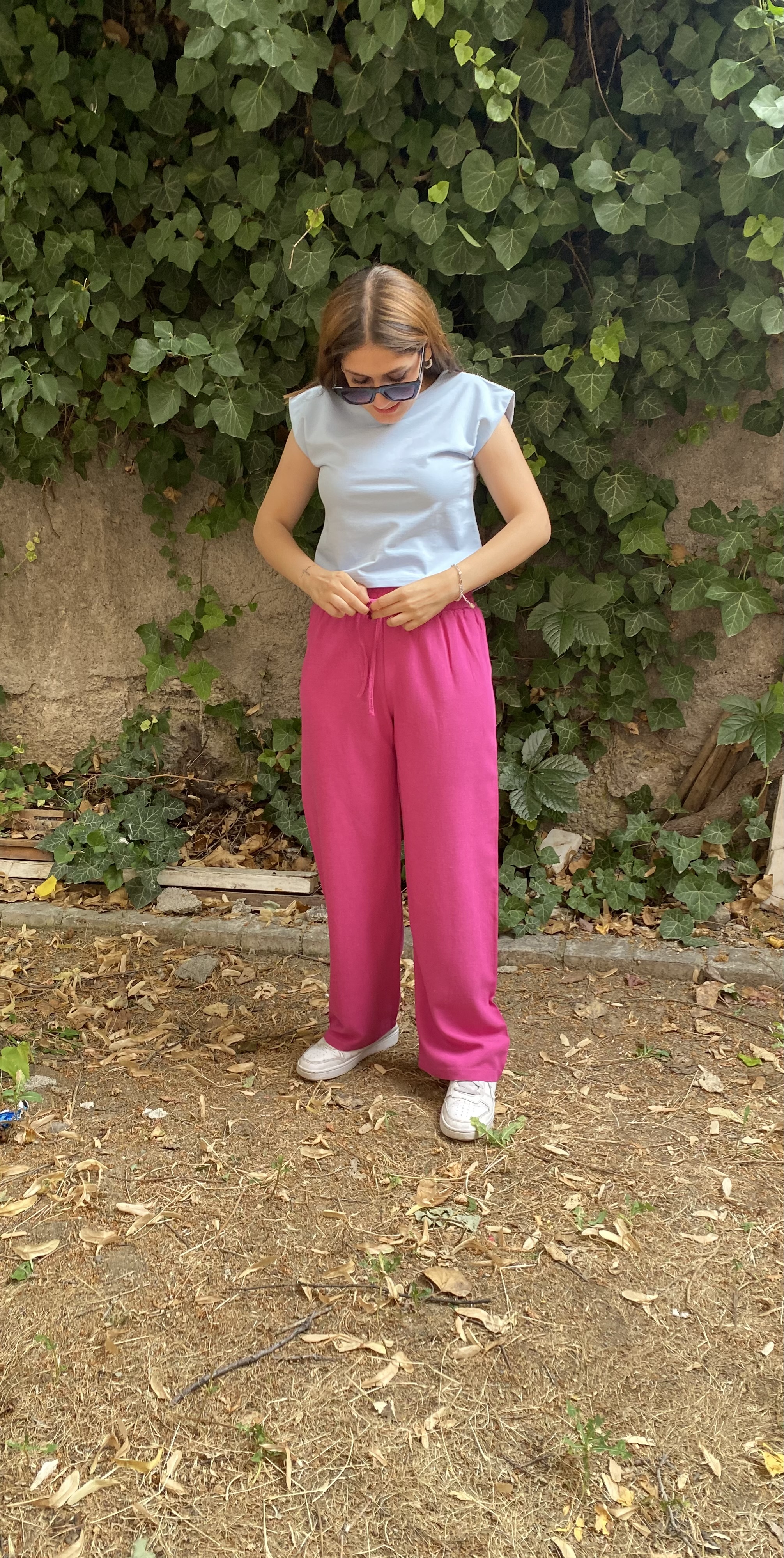 Beli Lastikli Pembe Keten Pantolon