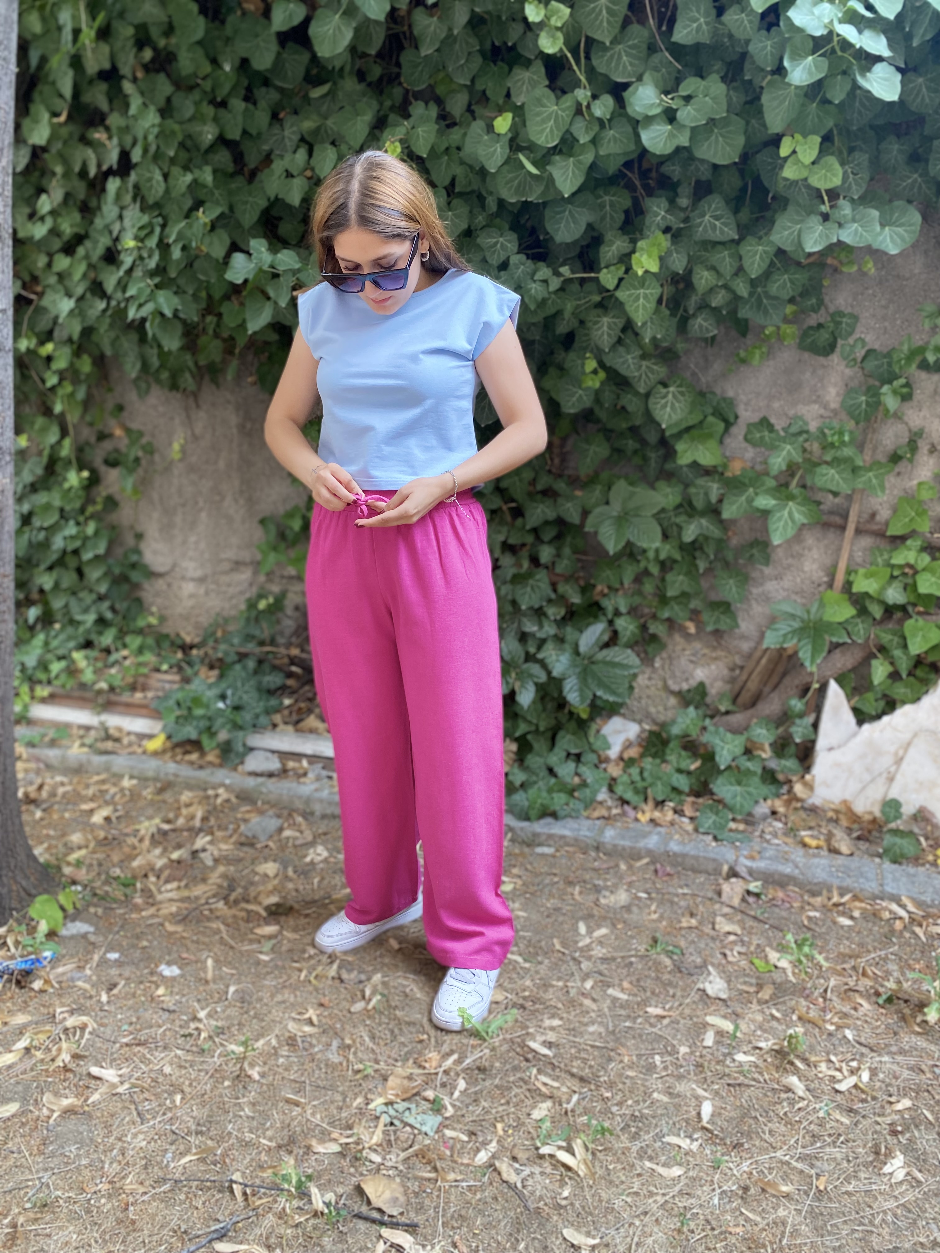 Beli Lastikli Pembe Keten Pantolon