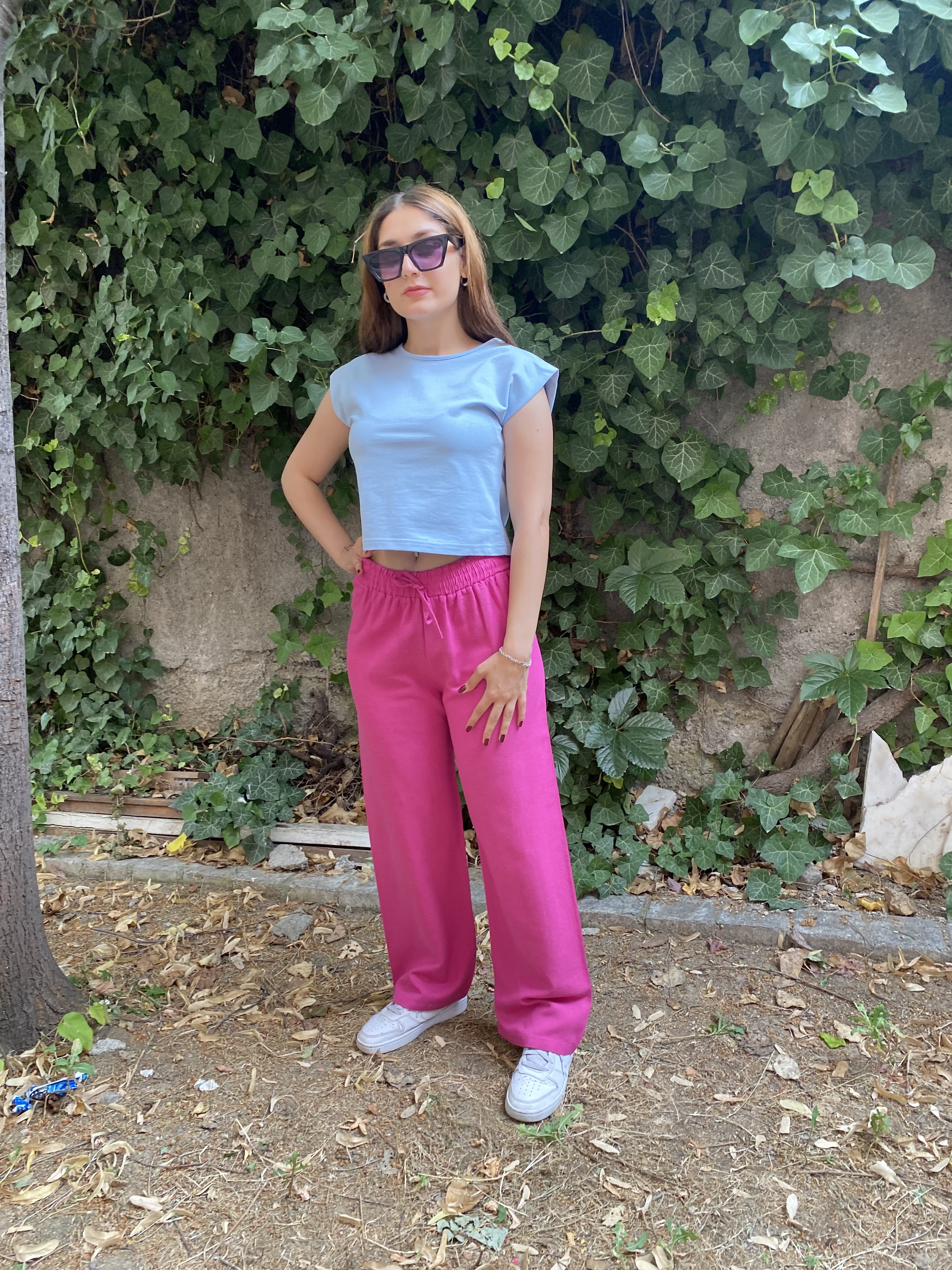 Beli Lastikli Pembe Keten Pantolon