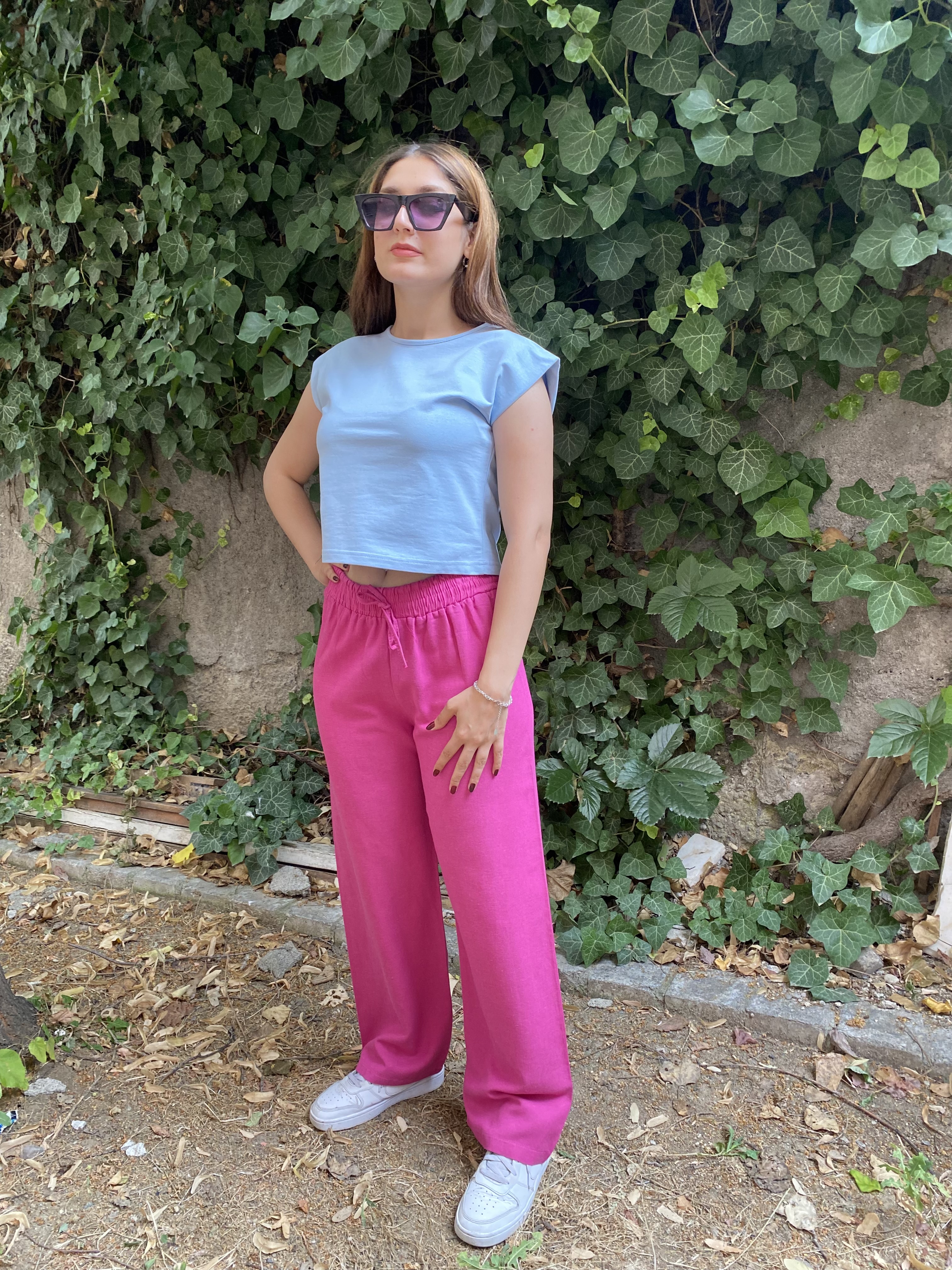 Beli Lastikli Pembe Keten Pantolon