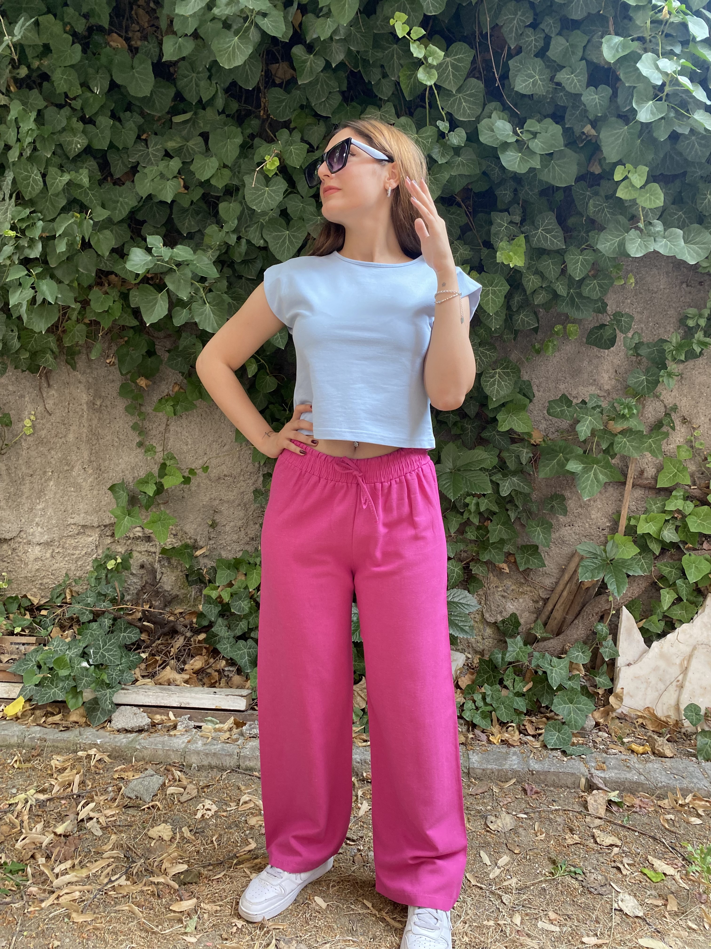 Beli Lastikli Pembe Keten Pantolon