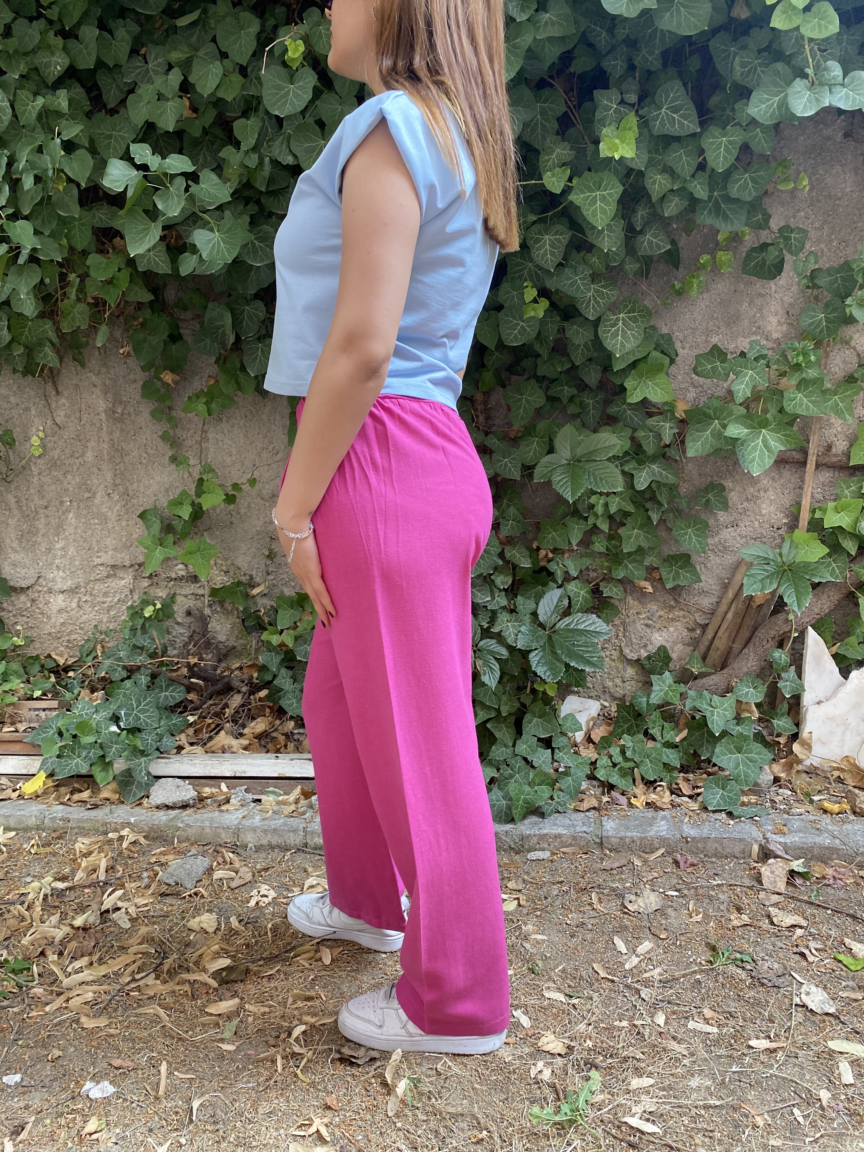 Beli Lastikli Pembe Keten Pantolon