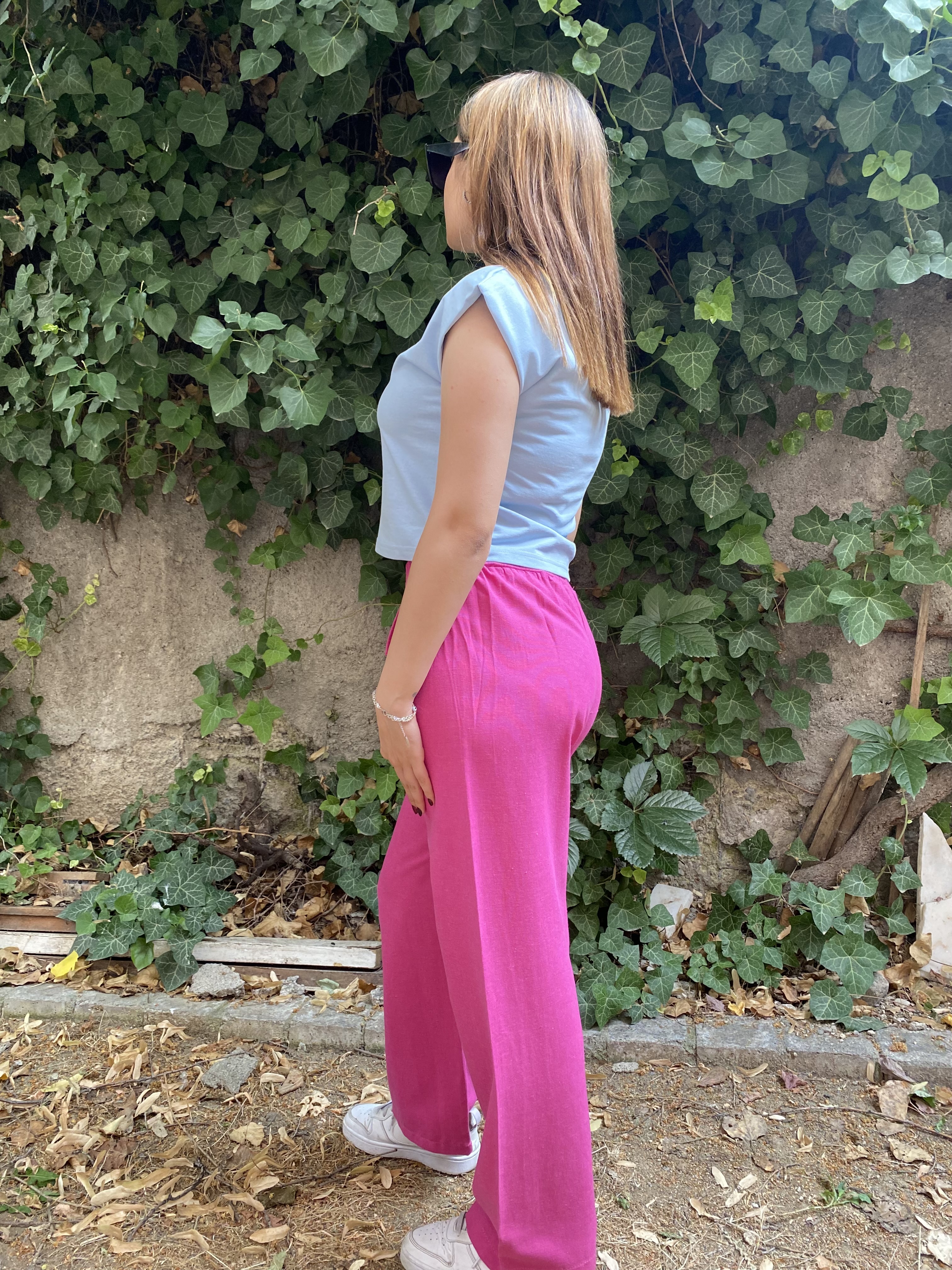 Beli Lastikli Pembe Keten Pantolon