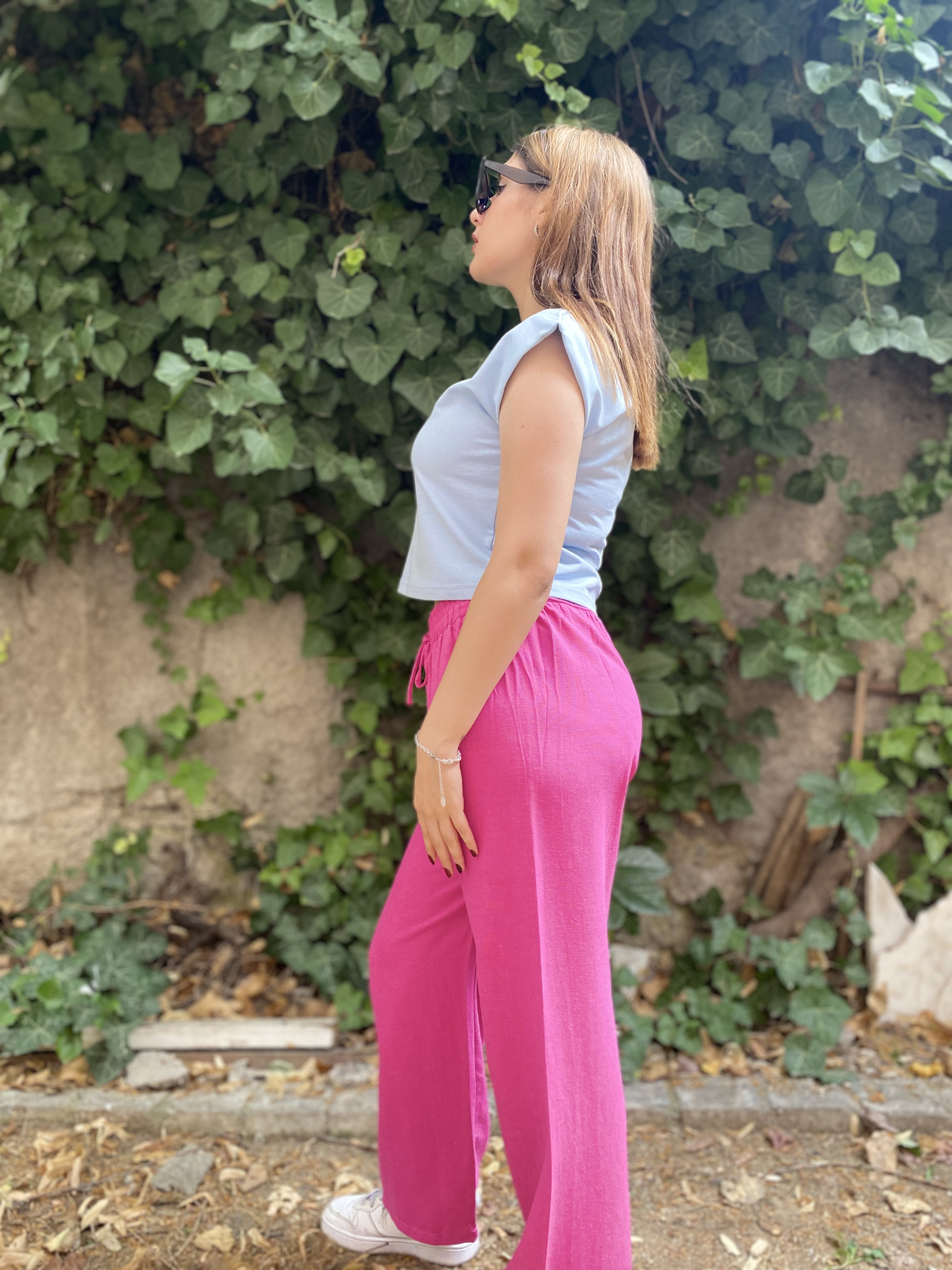 Beli Lastikli Pembe Keten Pantolon