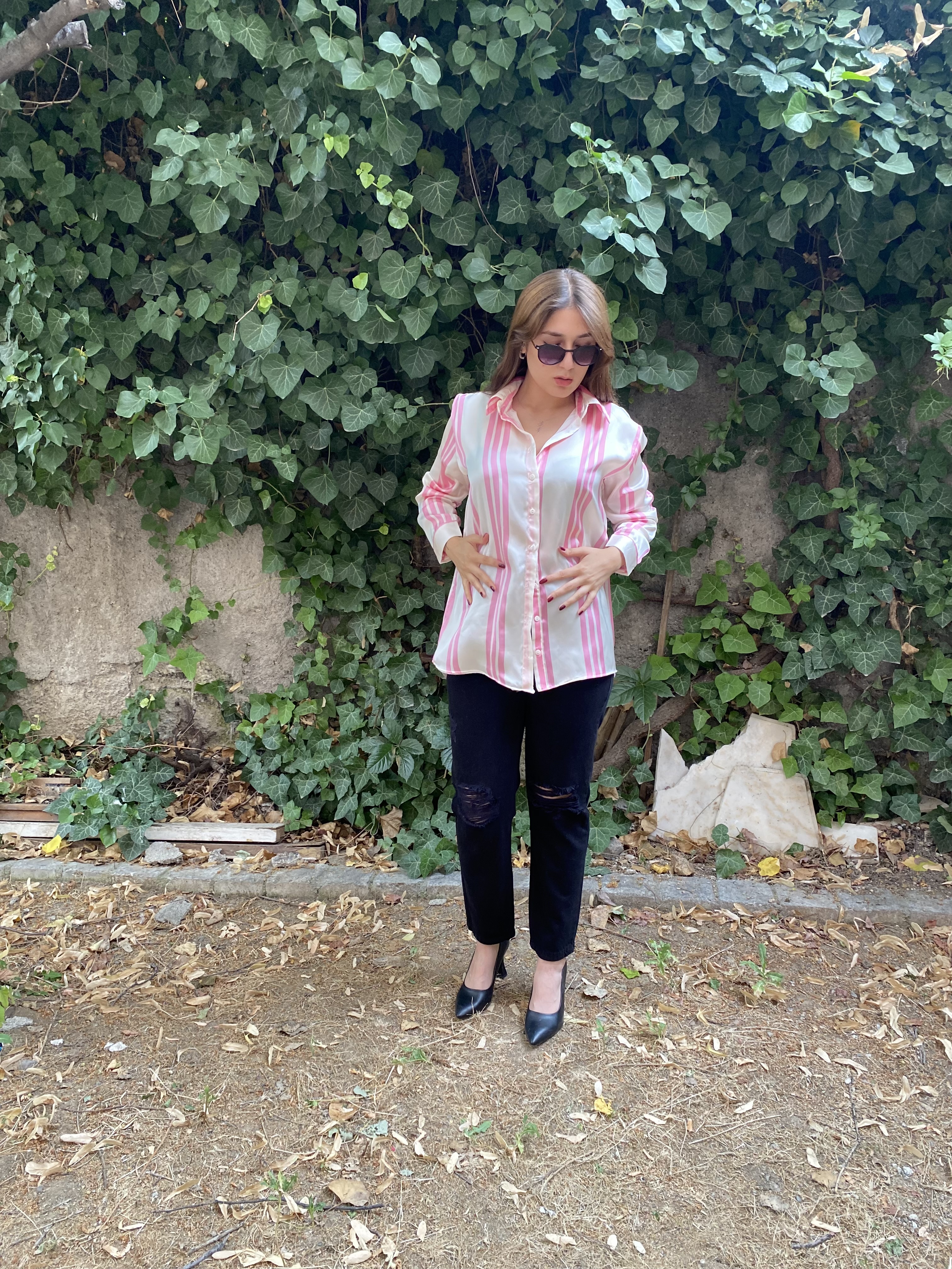 Oversize Pembe & Krem Çizgili Saten Gömlek