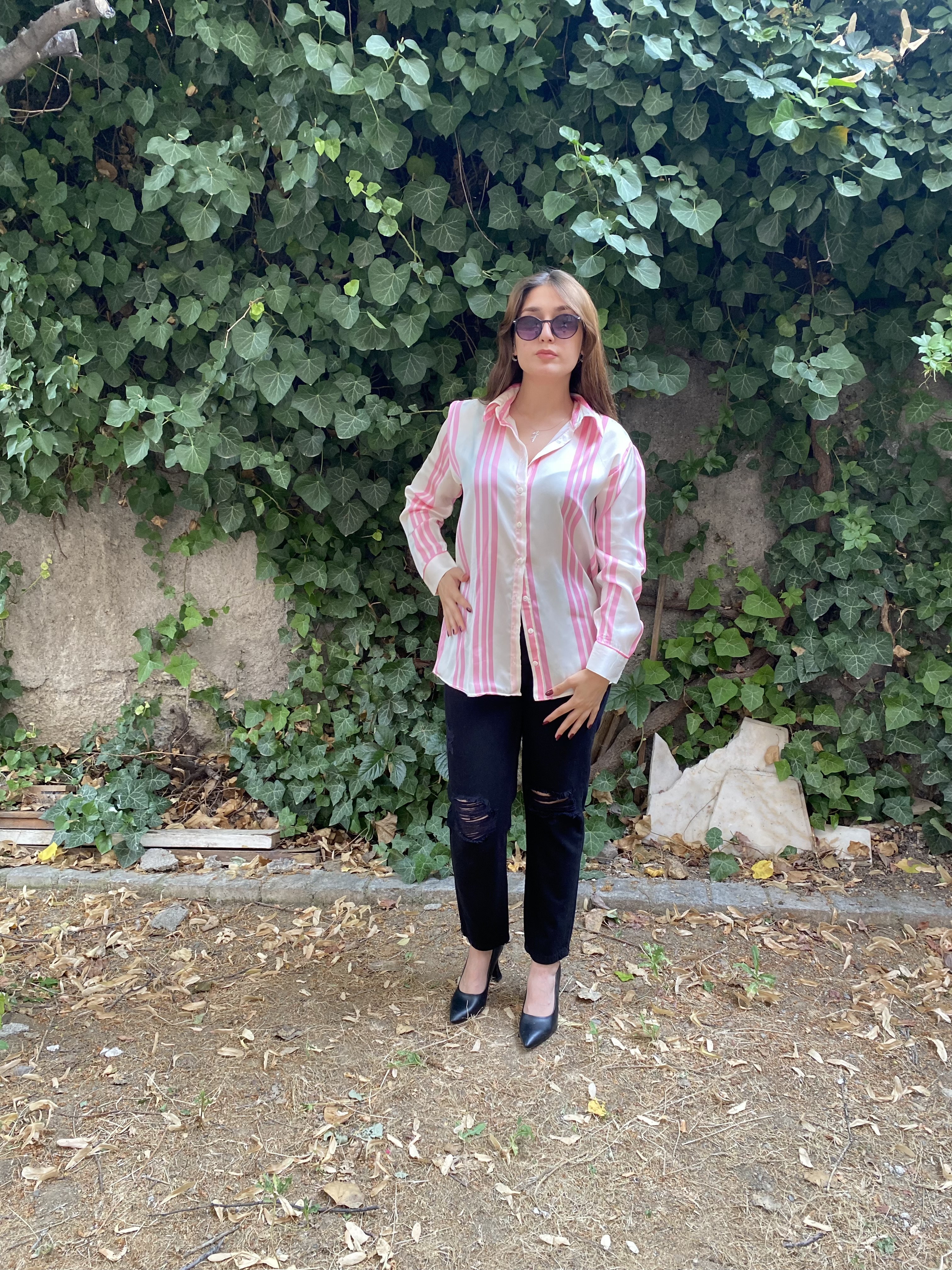 Oversize Pembe & Krem Çizgili Saten Gömlek