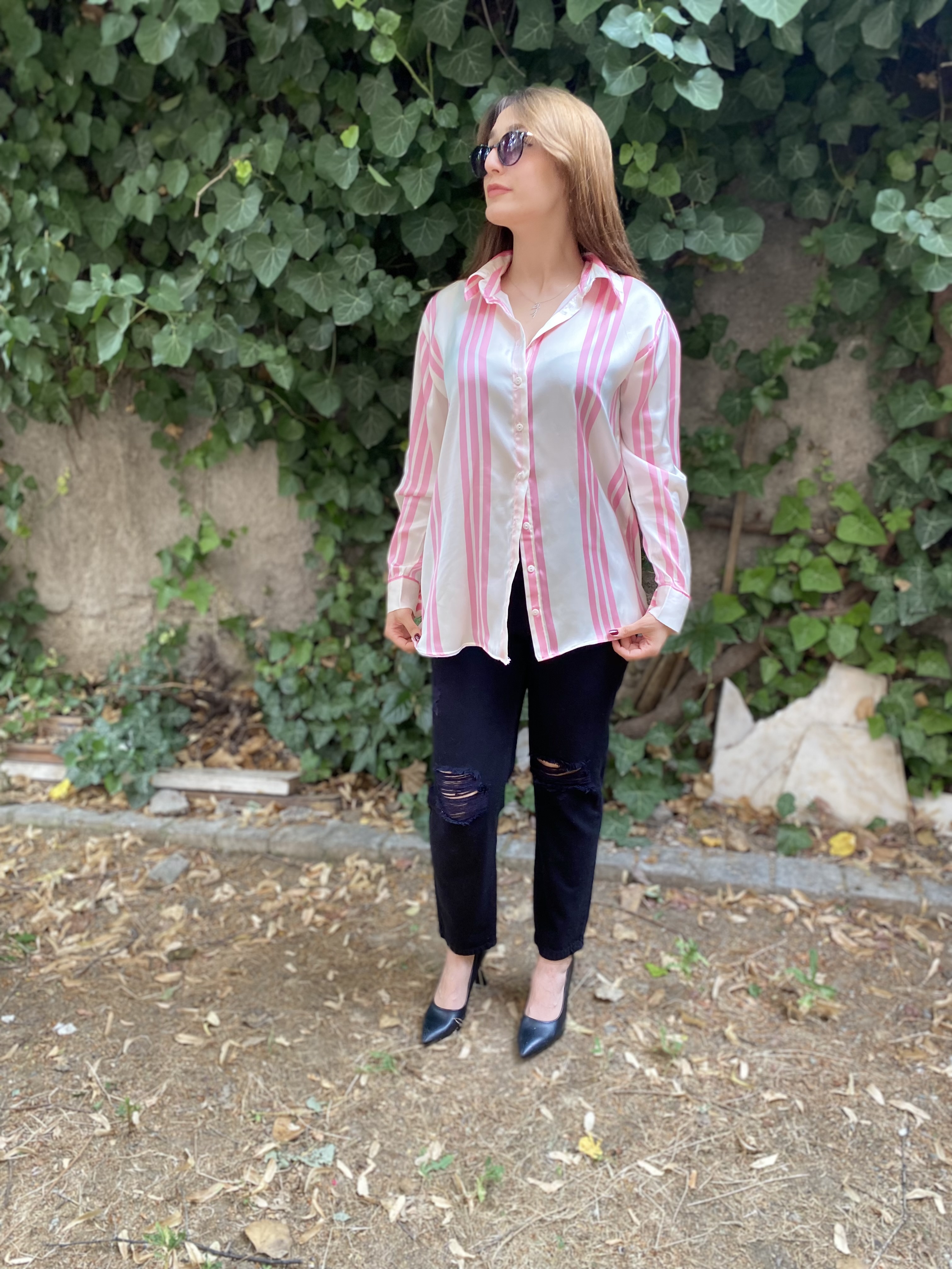 Oversize Pembe & Krem Çizgili Saten Gömlek