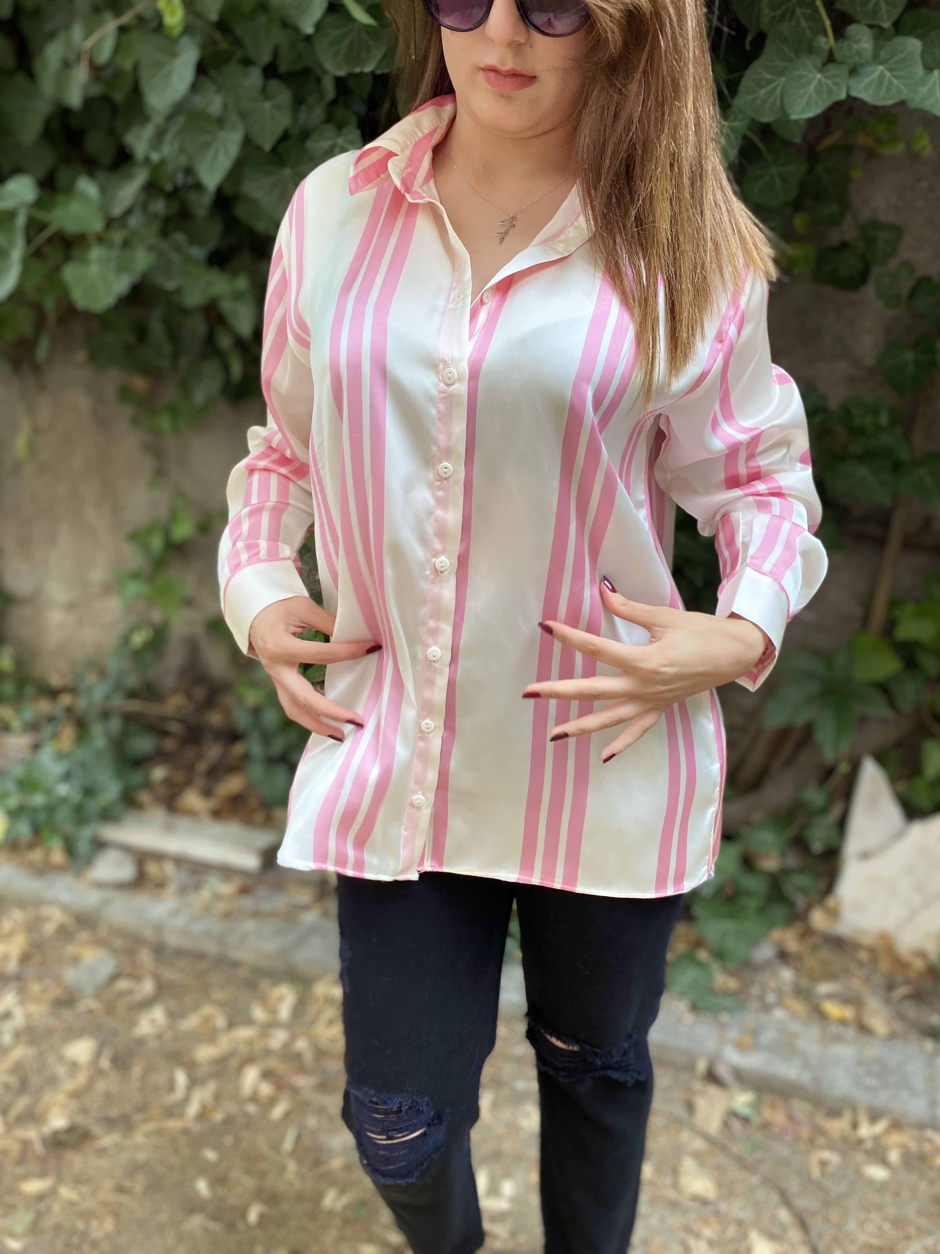 Oversize Pembe & Krem Çizgili Saten Gömlek