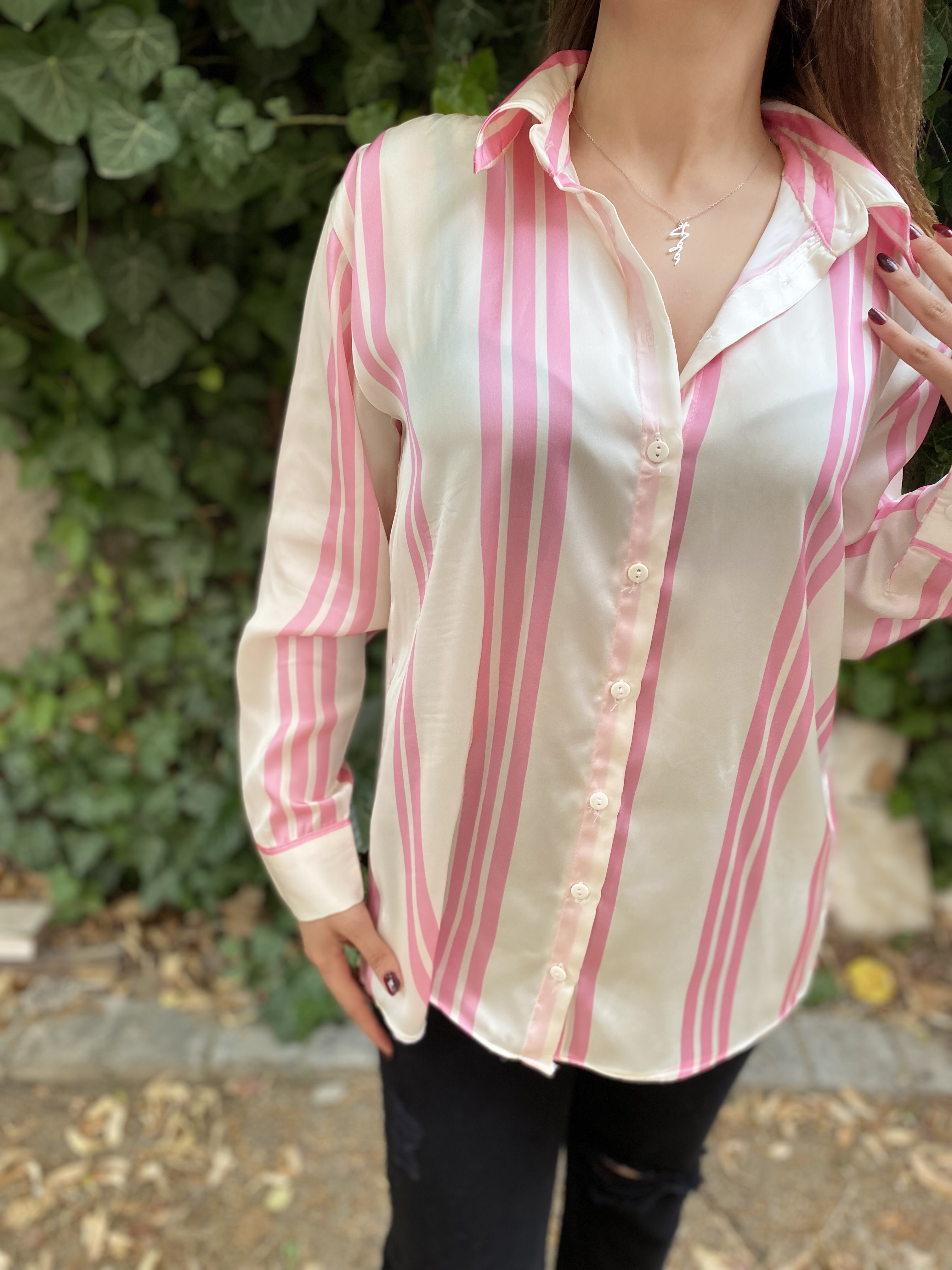 Oversize Pembe & Krem Çizgili Saten Gömlek