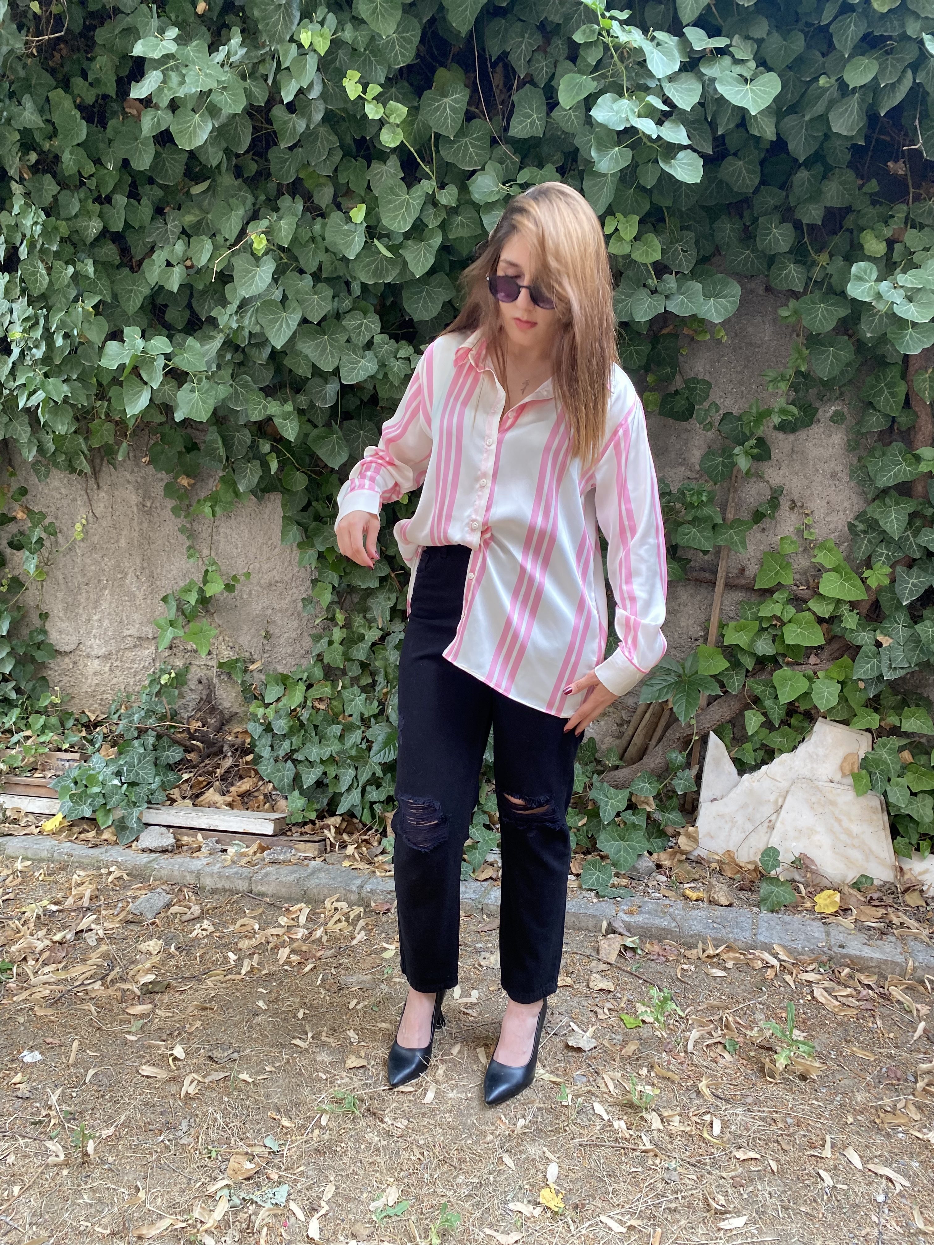 Oversize Pembe & Krem Çizgili Saten Gömlek