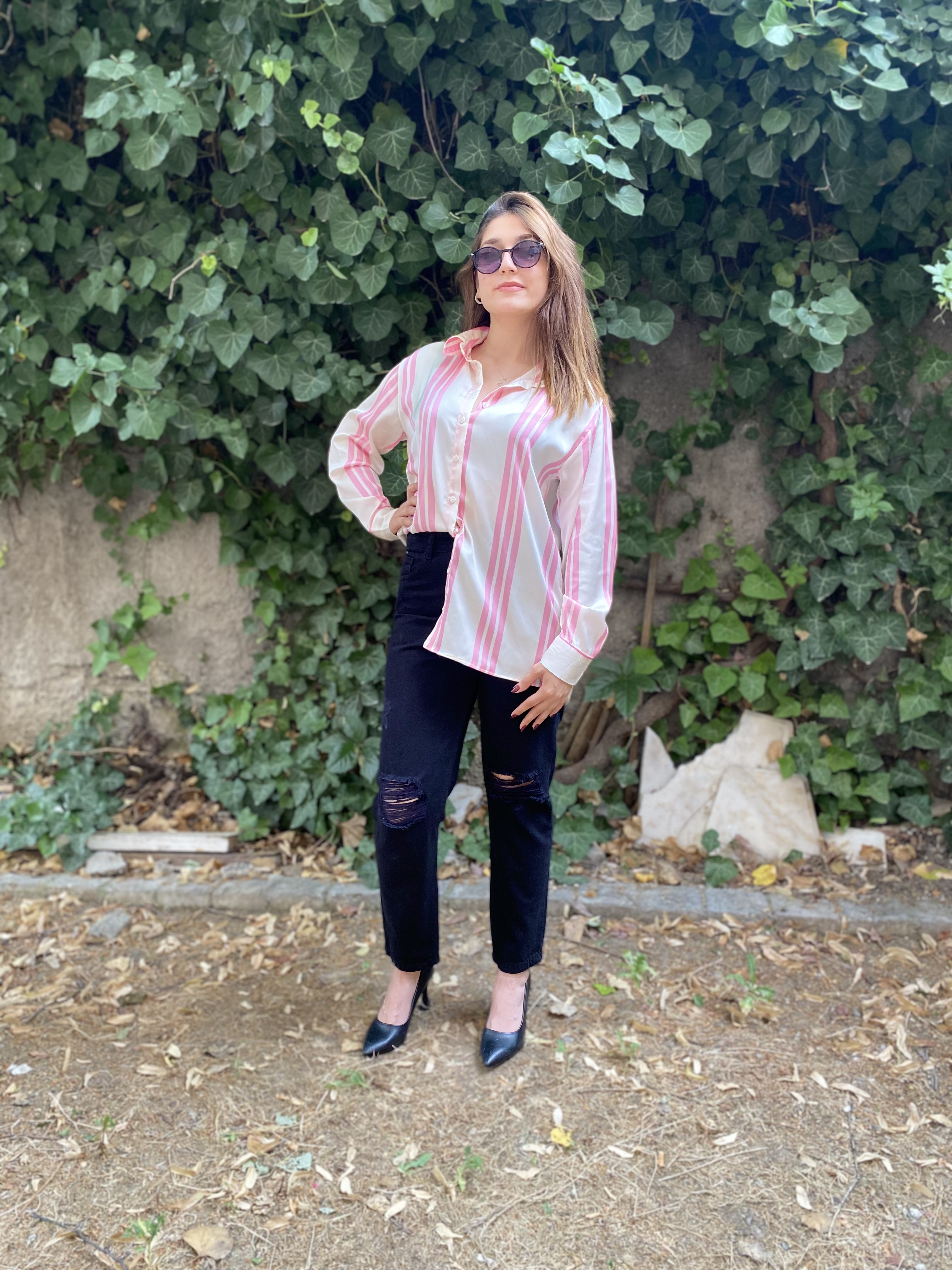 Oversize Pembe & Krem Çizgili Saten Gömlek