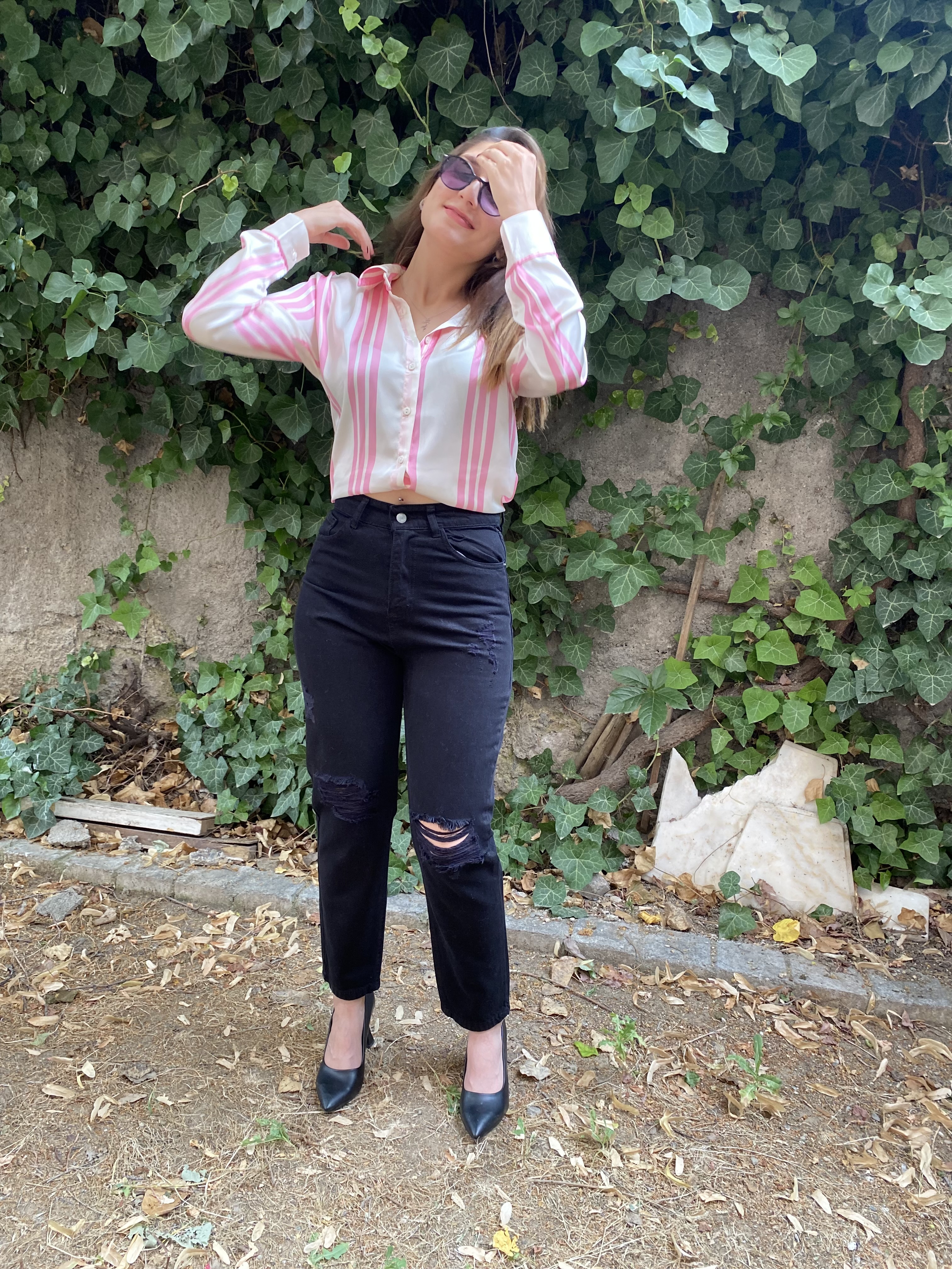 Oversize Pembe & Krem Çizgili Saten Gömlek