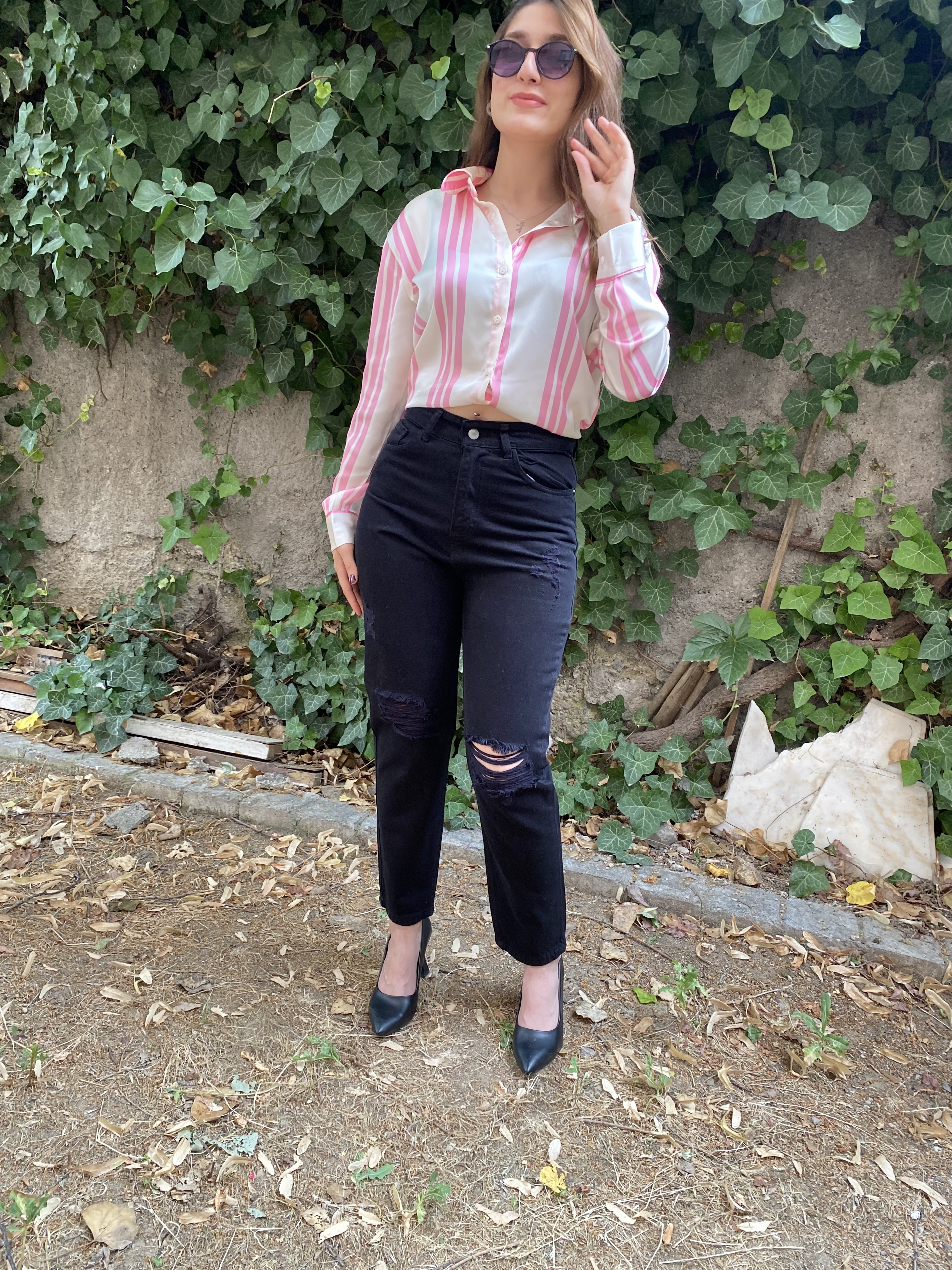 Oversize Pembe & Krem Çizgili Saten Gömlek